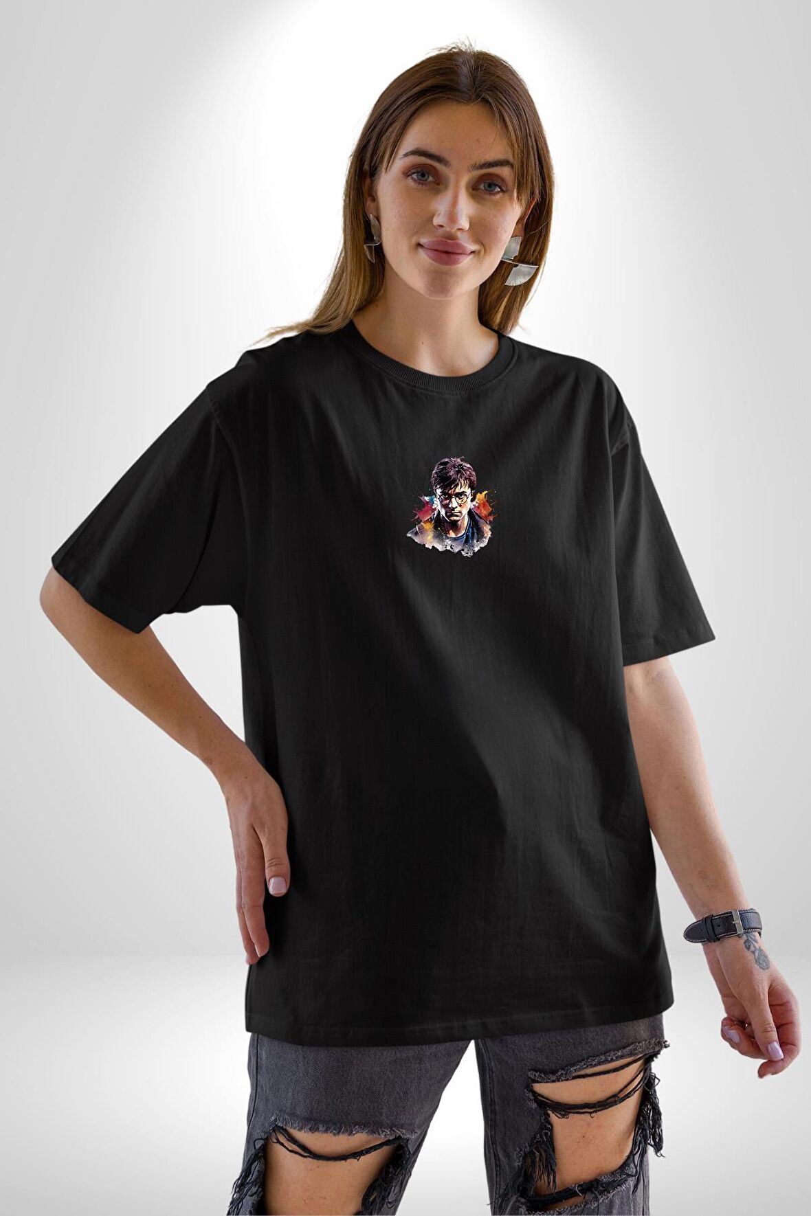 Harry Potter Sinema Siyah Oversize Kadın Erkek Ön Orta Minimal Baskılı Tişört