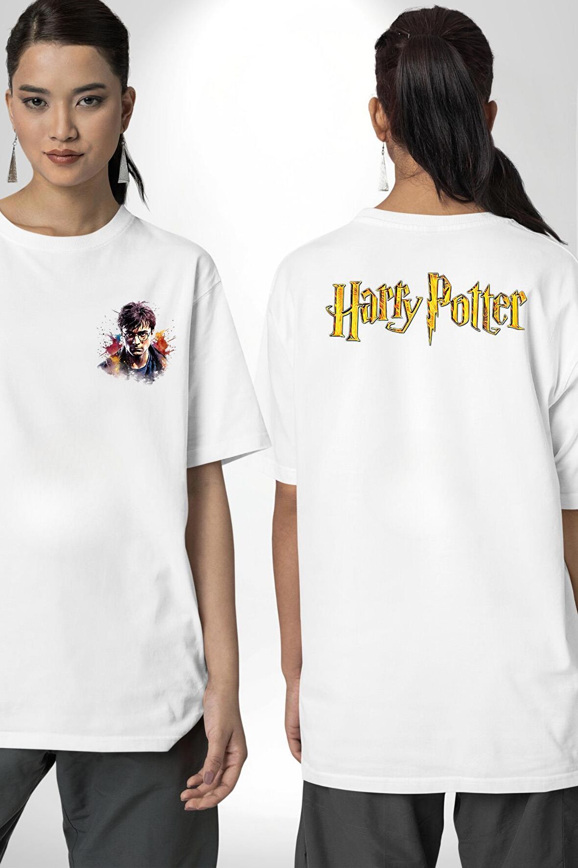 Harry Potter Sinema Beyaz Oversize Kadın Erkek Ön ve Sırt Baskılı Tişört