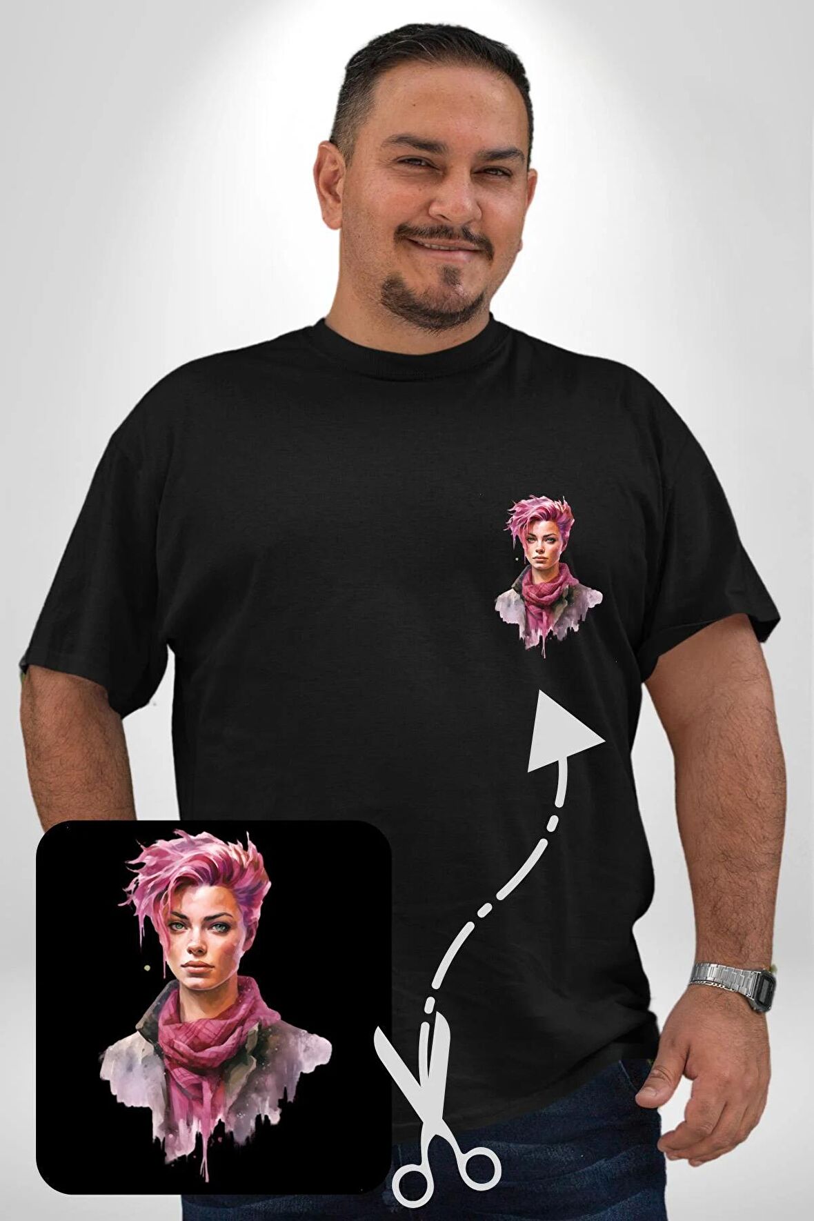 Pembe Saçlı Kadın  Siyah Büyük Beden Kadın Basic Minimal Baskılı Tişört