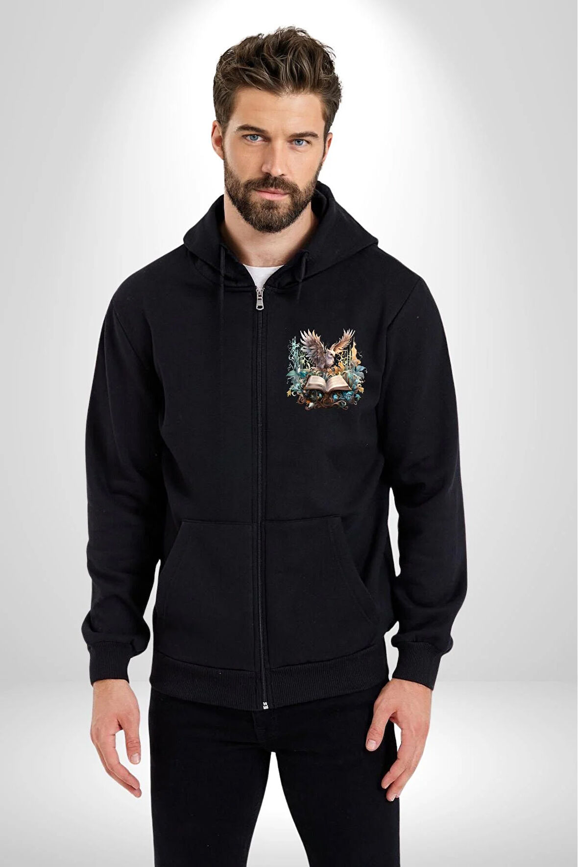 Kitap Baykuş Sihir Kadın Erkek Siyah Kapüşonlu Fermuarlı Baskılı Hırka Sweatshirt