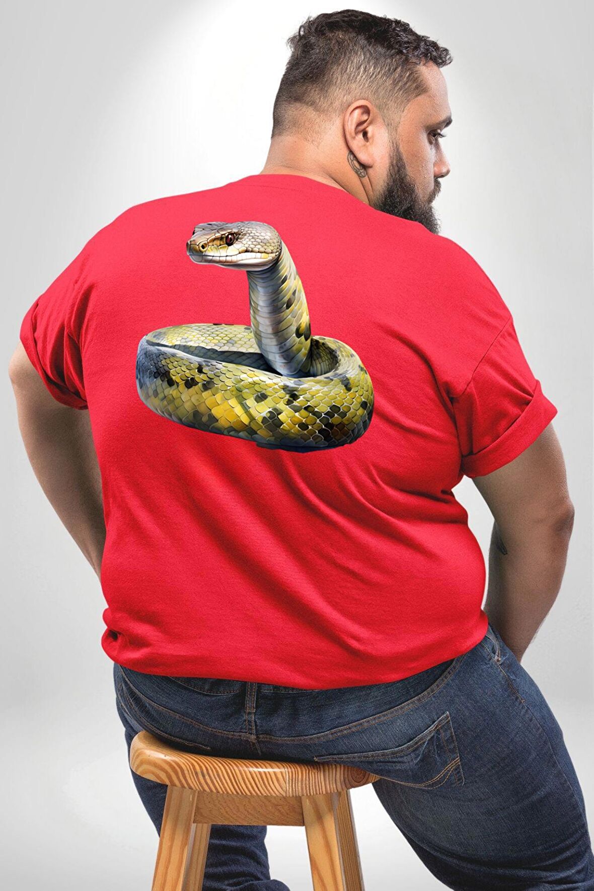 Snake Yılan Anaconda  Büyük Beden Kırmızı Tişört Kadın Erkek Ünisex Sırt Baskılı