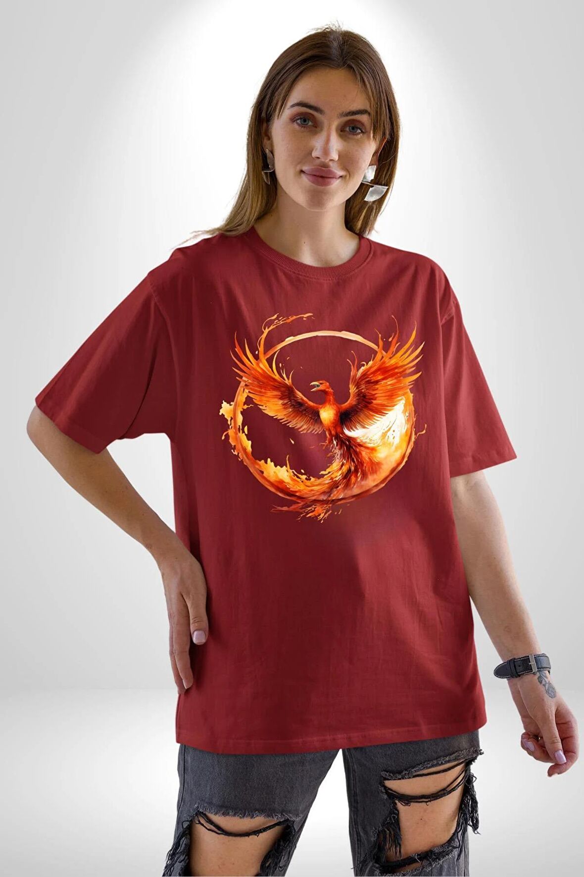 Anka Kuşu  Pamuklu Bisiklet Yaka Kadın Erkek Oversize Boyfriend Dijital Baskılı Kırmızı T-shirt