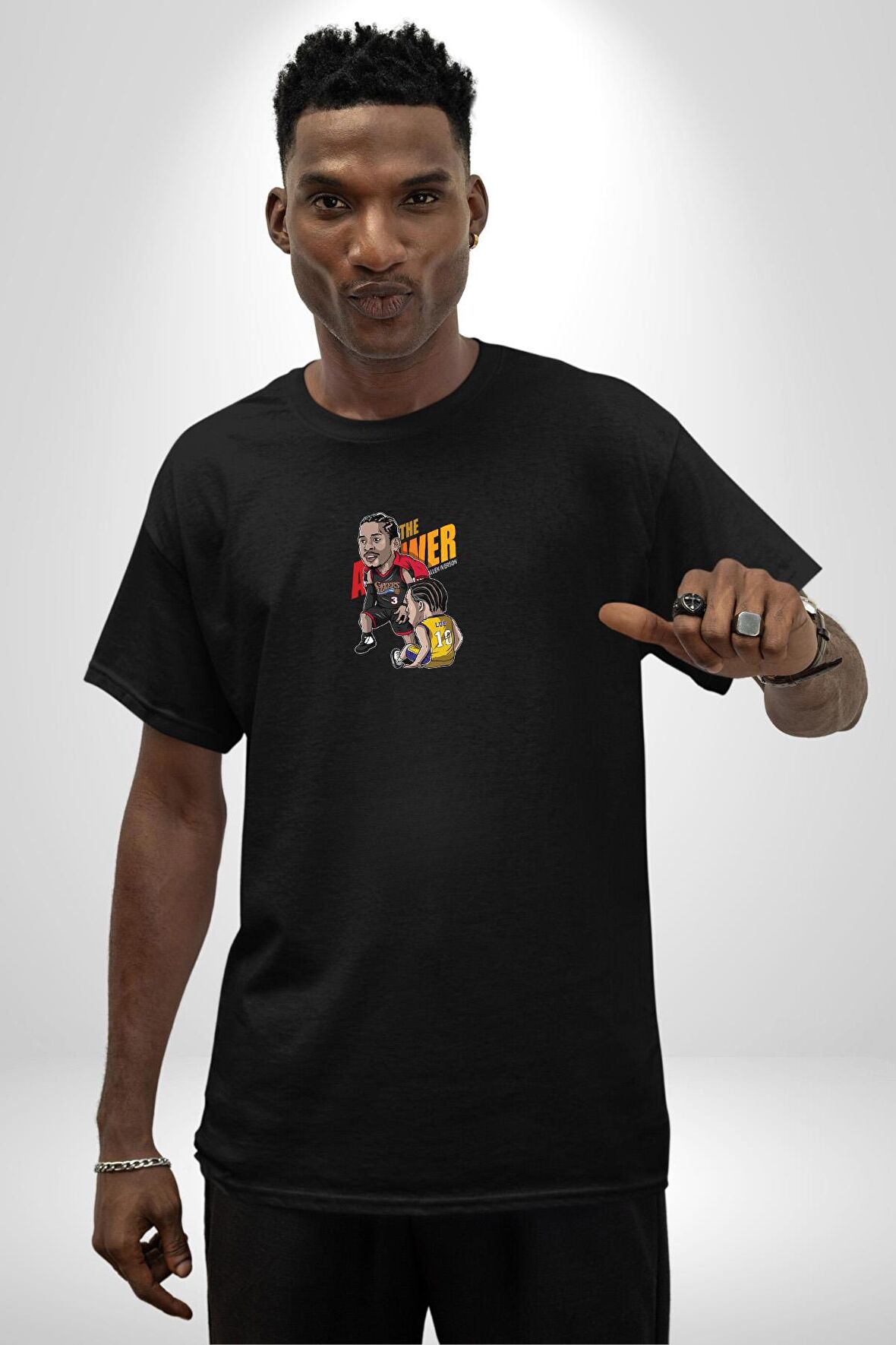 Karikatür Basketbol AllenIverson The Answer Siyah Oversize Kadın Erkek Ön Orta Minimal Baskılı Tişört