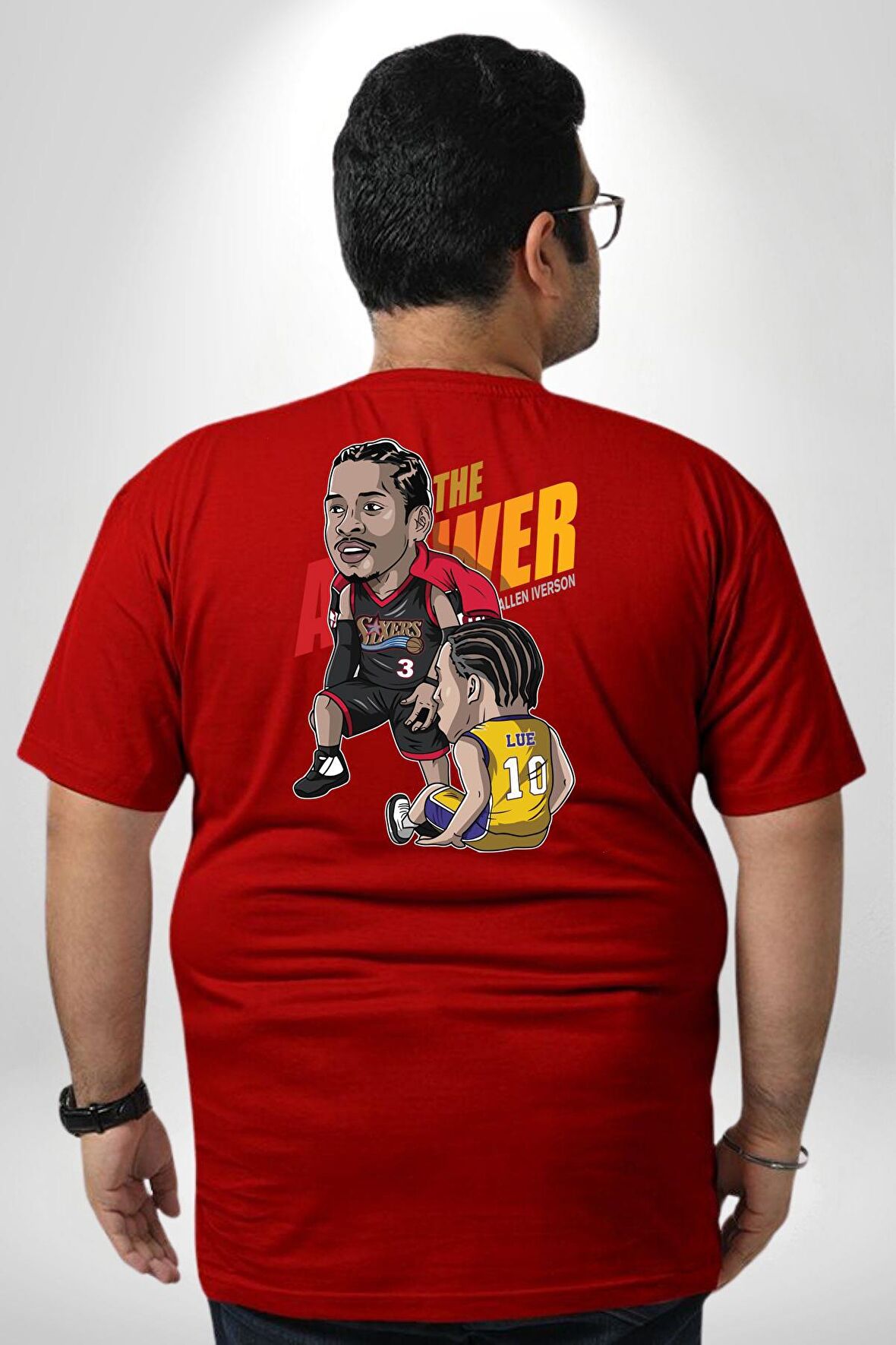 Karikatür Basketbol AllenIverson The Answer Büyük Beden Kırmızı Tişört Kadın Erkek Ünisex Sırt Baskılı
