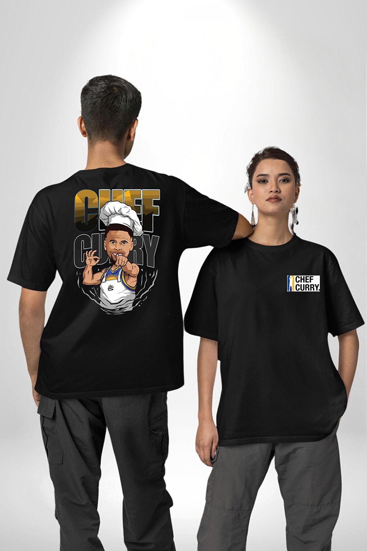 Basketbol Chef Curry Nba Star Stafine Curry Siyah Oversize Kadın Erkek Ön ve Sırt Baskılı Tişört