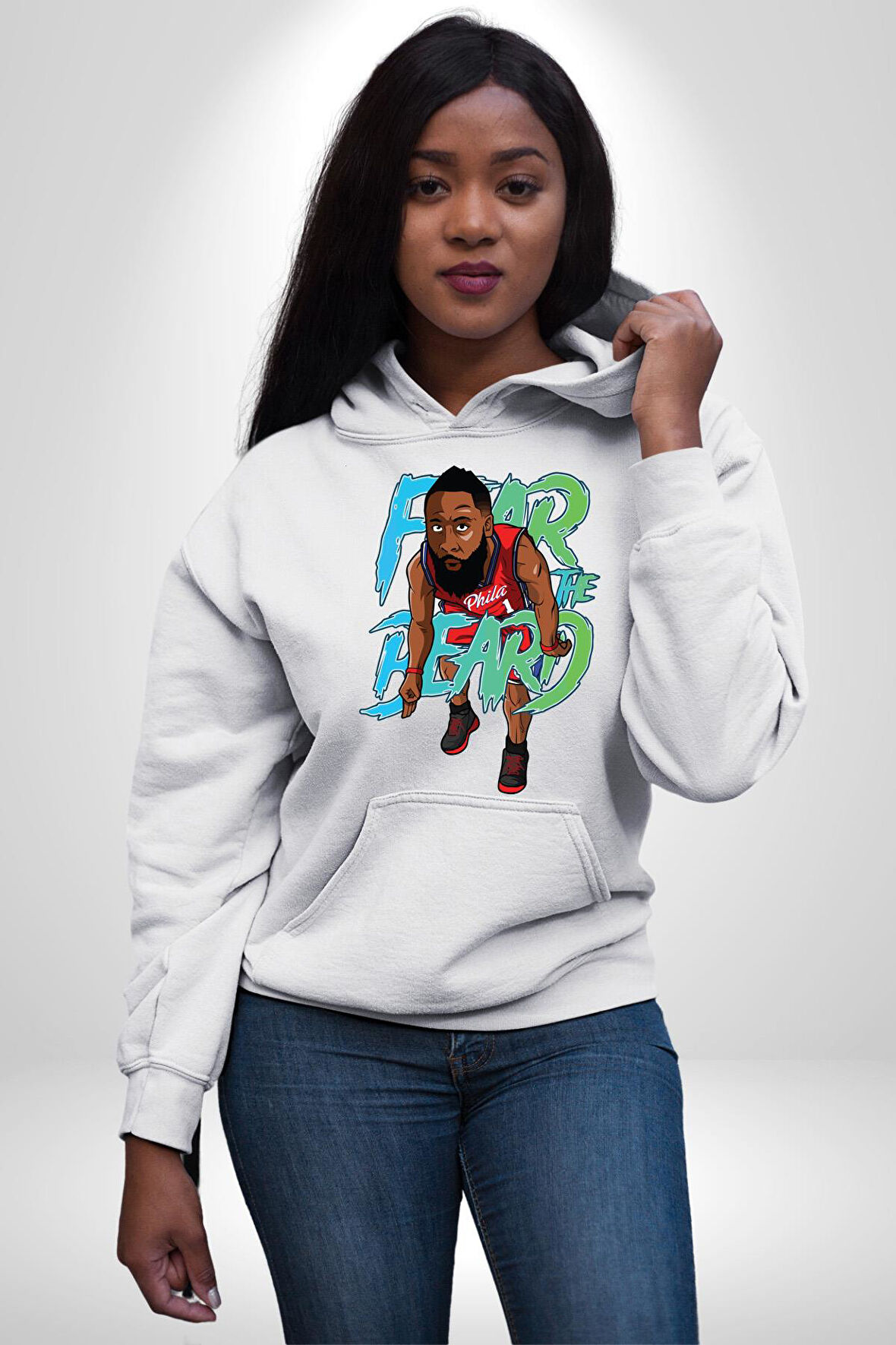 Sakaldan Korkmak Yazılı Basketbol James Harden Star Kadın Erkek  Beyaz Kapüşonlu Sweatshirt Hoodie