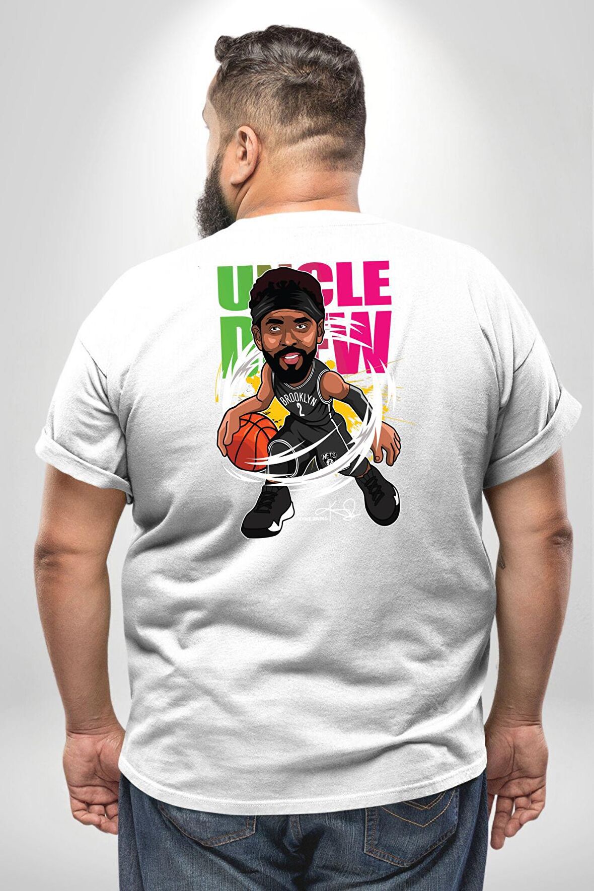 Karikatür Basketbol Kyrie Irving NBA Star Büyük Beden Beyaz Tişört Kadın Erkek Ünisex Sırt Baskılı