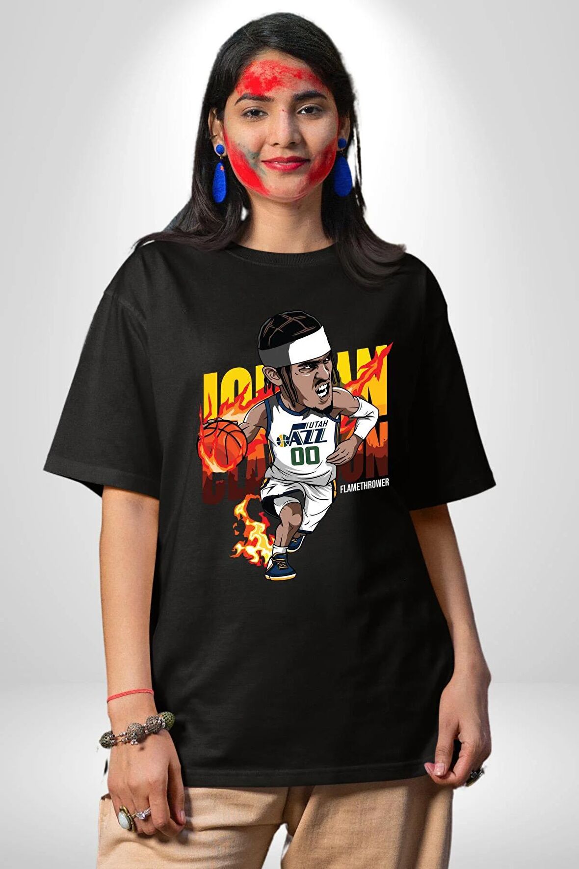 Utah Jazz Jordan Clarkson Pamuklu Bisiklet Yaka Kadın Erkek Oversize Boyfriend Dijital Baskılı Siyah T-shirt