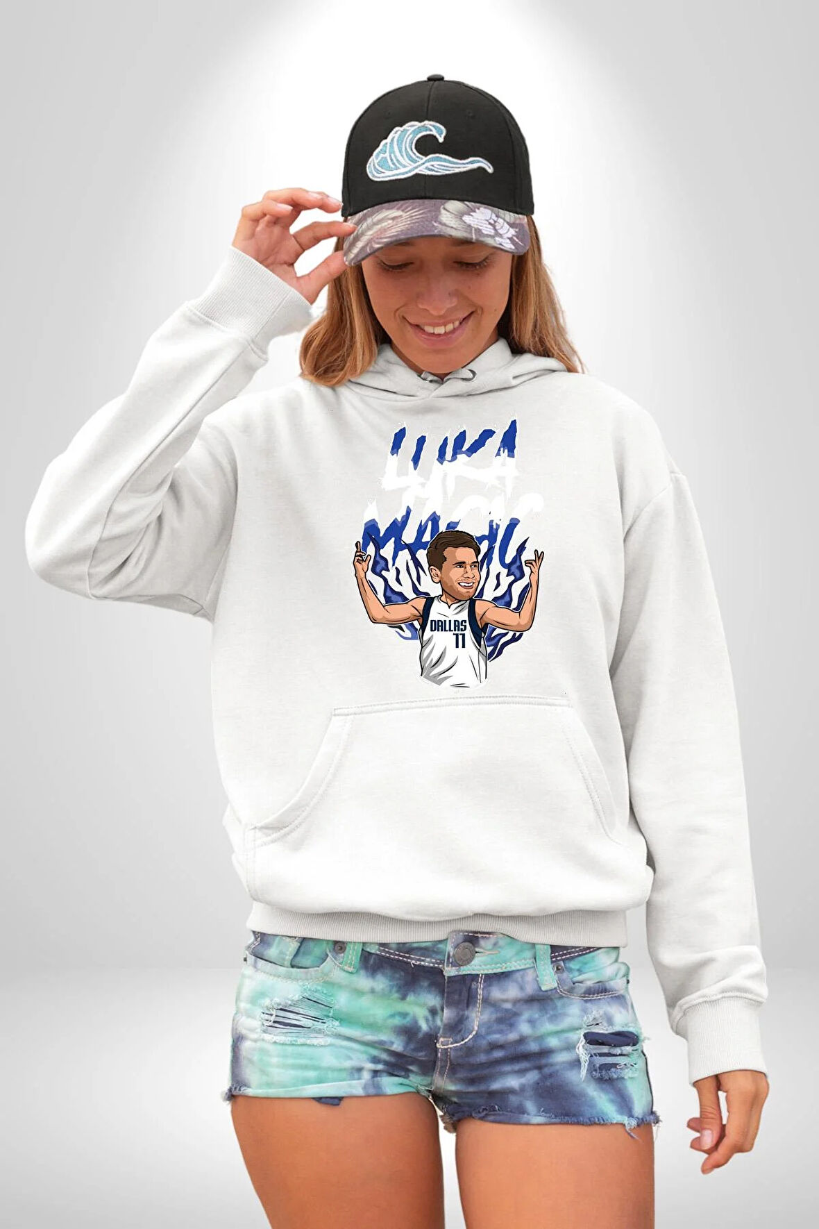 Luka Luka Doncic Basketboll Dallas Kadın Erkek  Beyaz Kapüşonlu Sweatshirt Hoodie