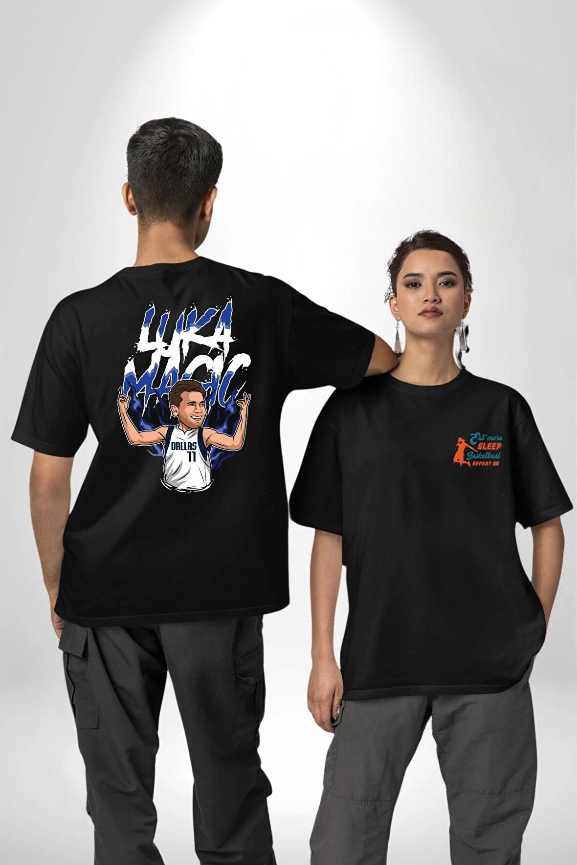 Luka Luka Doncic Basketboll Dallas Siyah Oversize Kadın Erkek Ön ve Sırt Baskılı Tişört