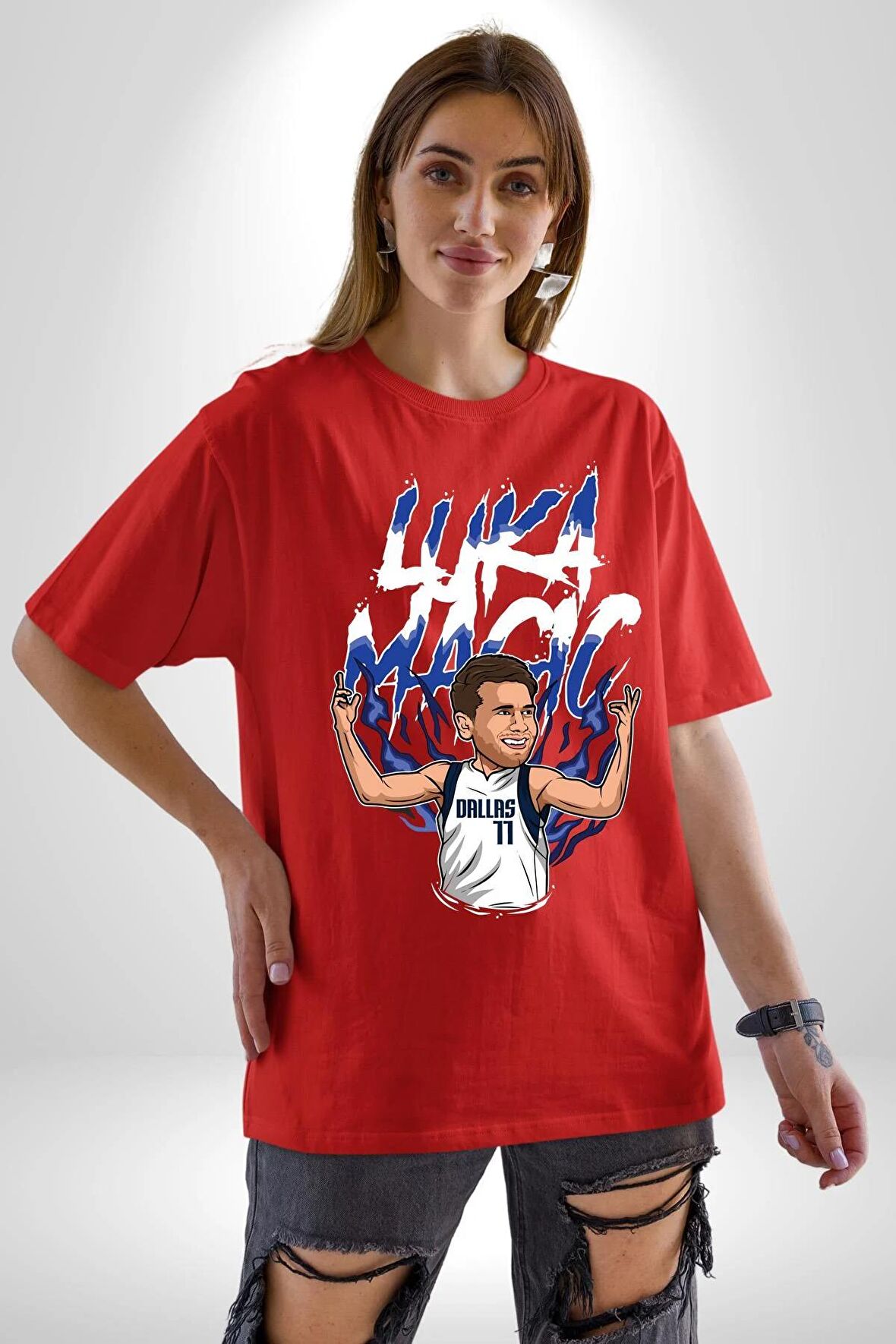 Luka Luka Doncic Basketboll Dallas Pamuklu Bisiklet Yaka Kadın Erkek Oversize Boyfriend Dijital Baskılı Kırmızı T-shirt