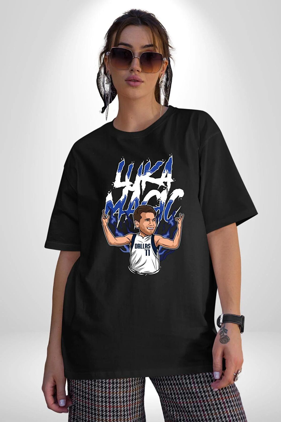 Luka Luka Doncic Basketboll Dallas Pamuklu Bisiklet Yaka Kadın Erkek Oversize Boyfriend Dijital Baskılı Siyah T-shirt