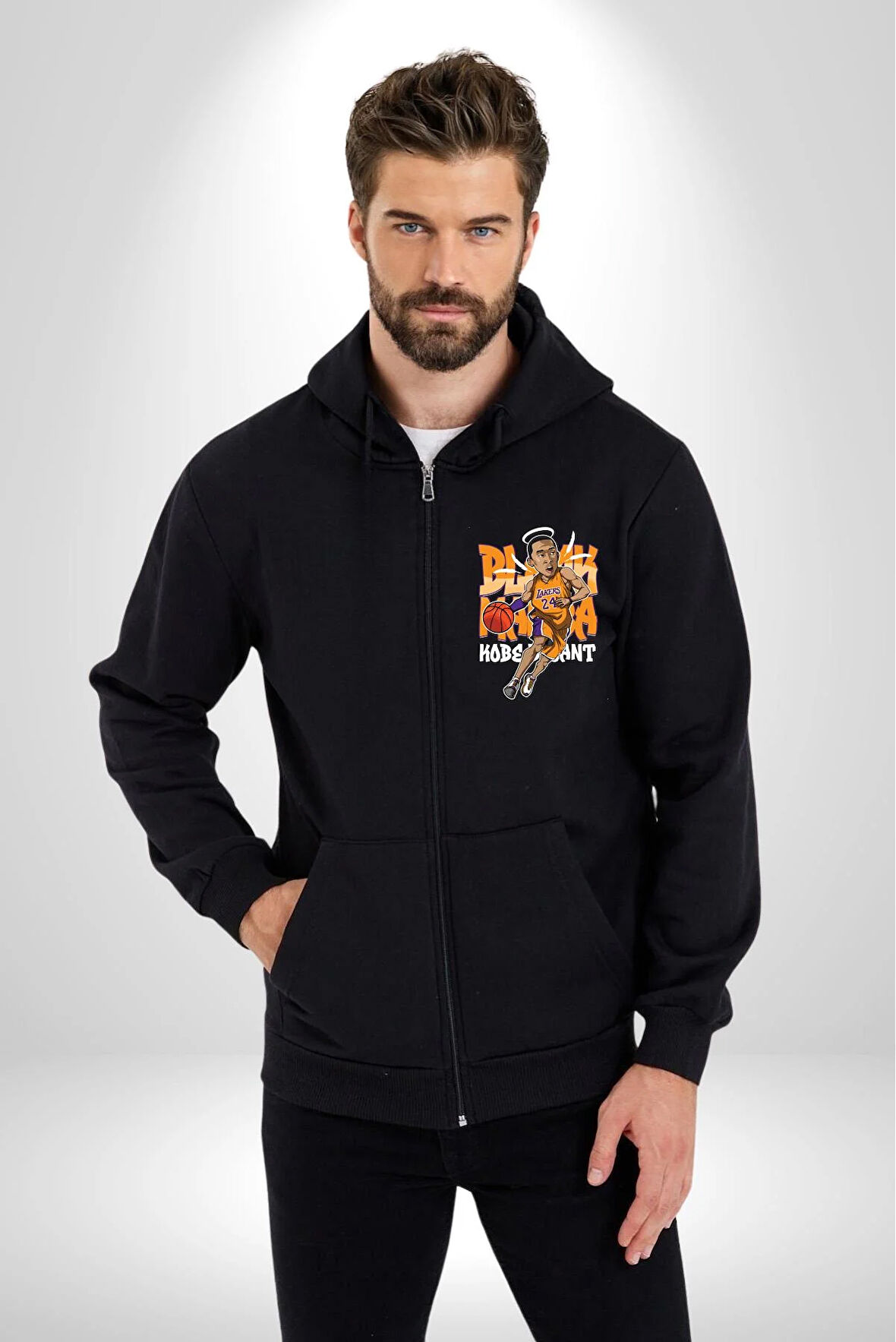 Lakers 24 Numara Basketbol Kadın Erkek Siyah Kapüşonlu Fermuarlı Baskılı Hırka Sweatshirt