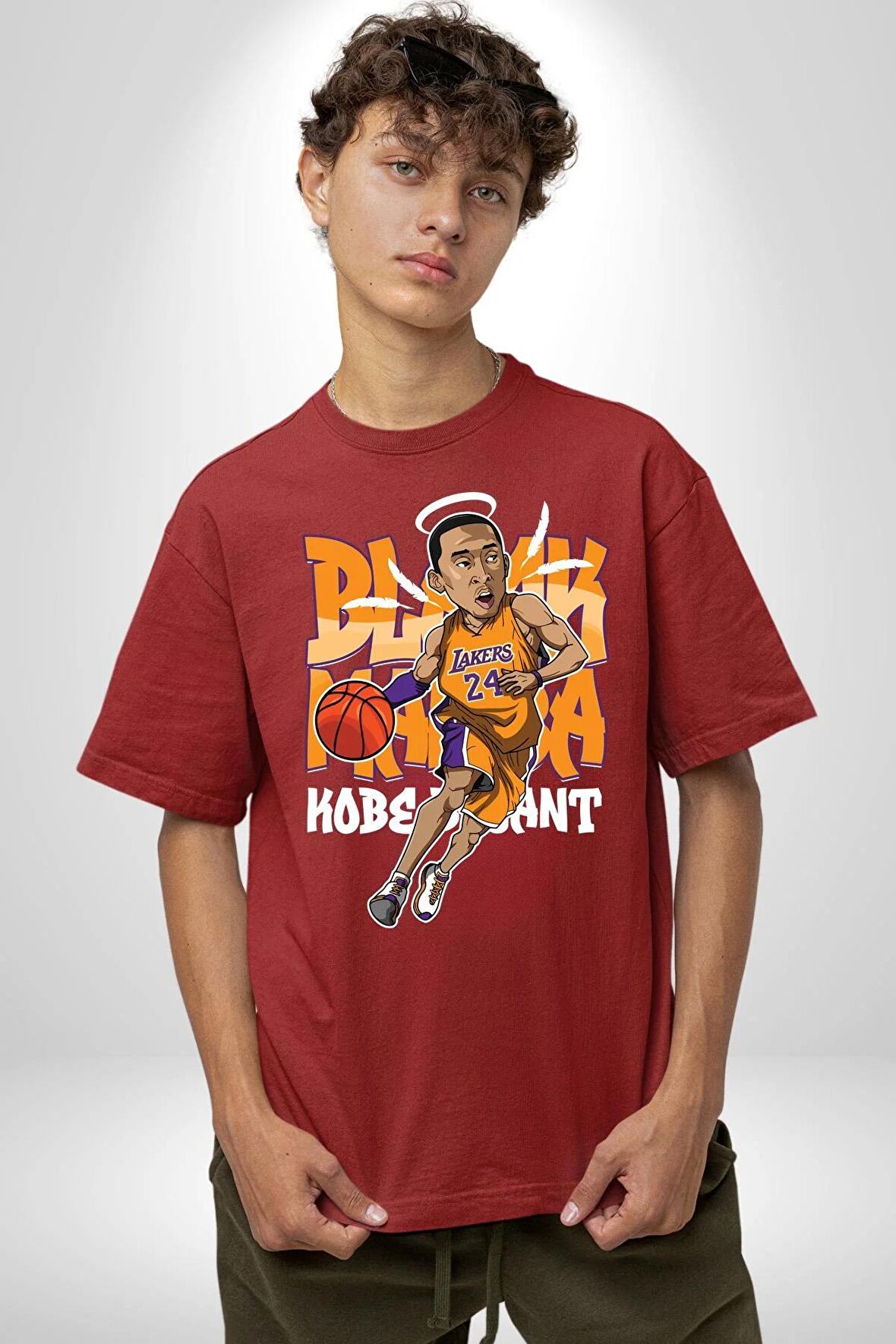 Lakers 24 Numara Basketbol Pamuklu Bisiklet Yaka Kadın Erkek Oversize Boyfriend Dijital Baskılı Kırmızı T-shirt
