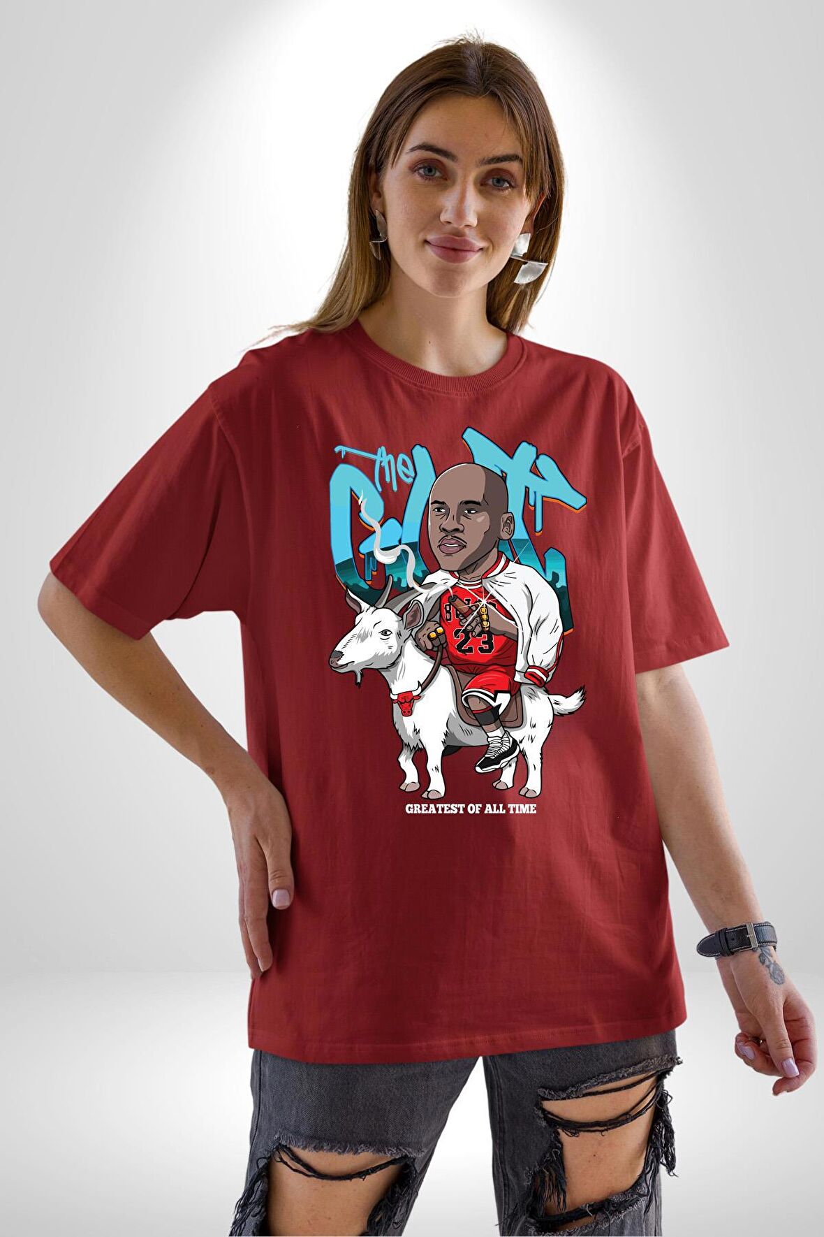 Keçi Micheal Jordan Basketbol Pamuklu Bisiklet Yaka Kadın Erkek Oversize Boyfriend Dijital Baskılı Kırmızı T-shirt