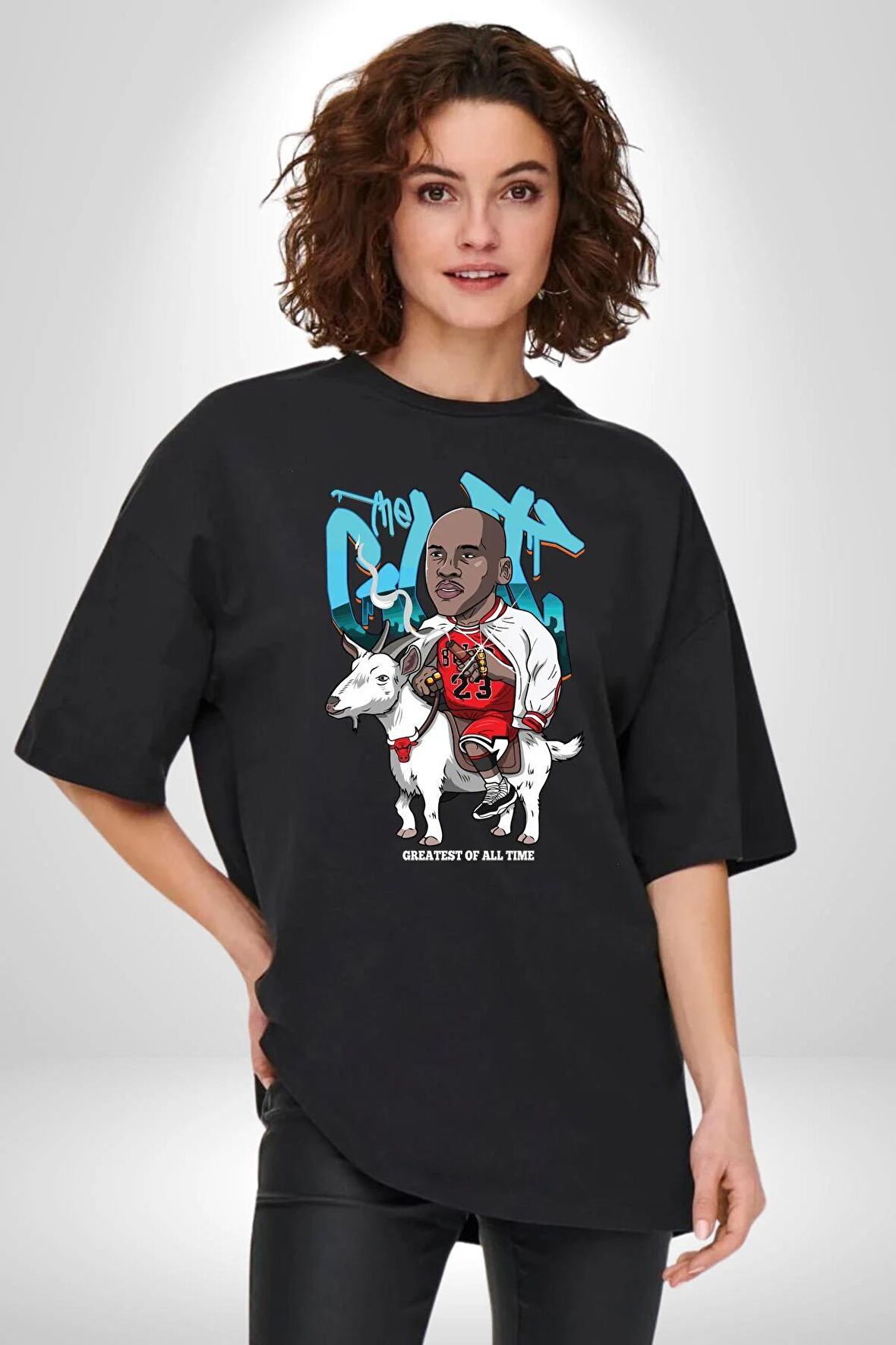 Keçi Micheal Jordan Basketbol Pamuklu Bisiklet Yaka Kadın Erkek Oversize Boyfriend Dijital Baskılı Siyah T-shirt