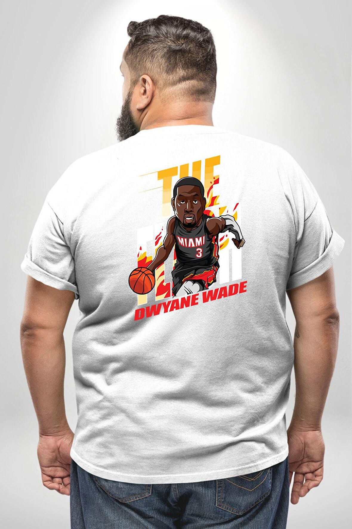 Dwyane Wade Miami Basketbol Büyük Beden Beyaz Tişört Kadın Erkek Ünisex Sırt Baskılı
