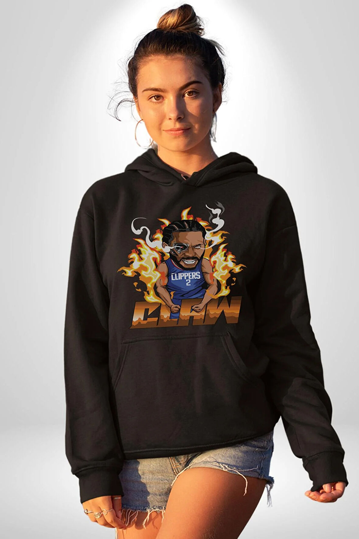 Kawhi Leonard Baketbol Clippers  Kadın Erkek  Siyah Kapüşonlu Sweatshirt Hoodie