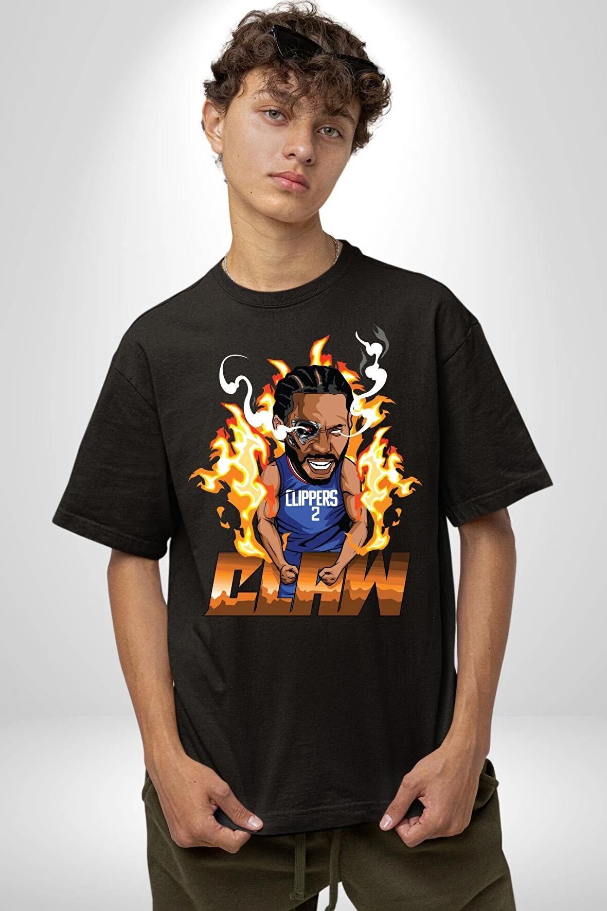 Kawhi Leonard Baketbol Clippers  Pamuklu Bisiklet Yaka Kadın Erkek Oversize Boyfriend Dijital Baskılı Siyah T-shirt