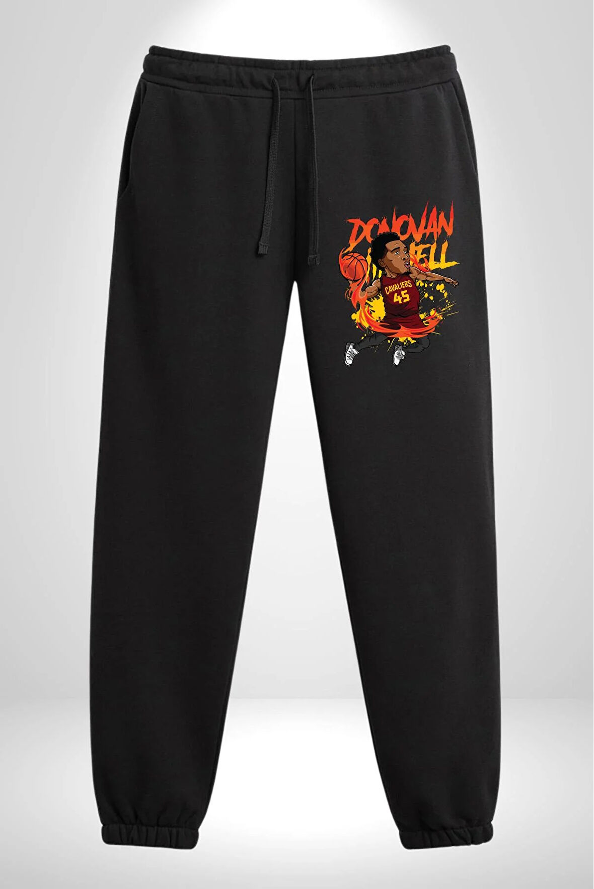 Donovan Mitchell Basketbol Karikatür 3 İplik Erkek Baskılı Siyah Eşofman Altı