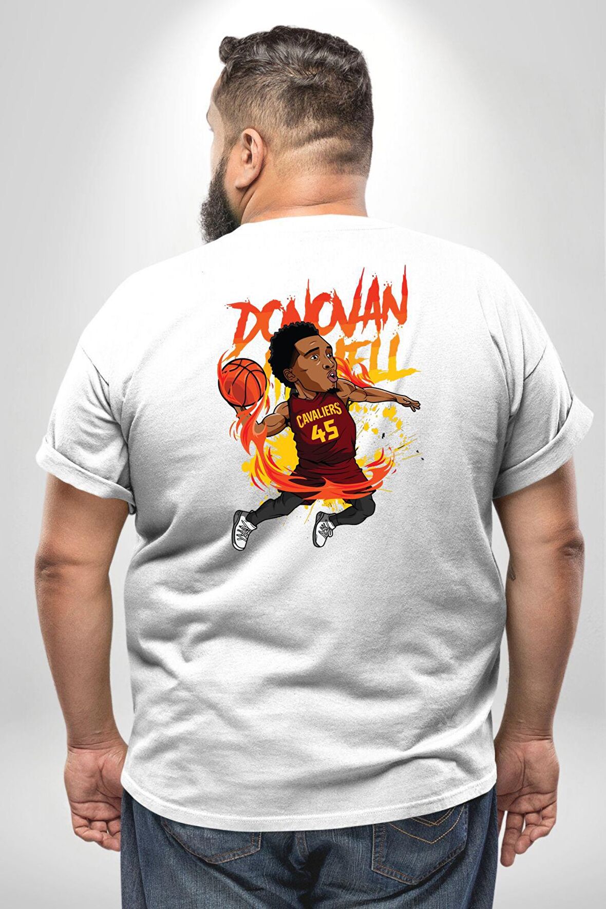 Donovan Mitchell Basketbol Karikatür Büyük Beden Beyaz Tişört Kadın Erkek Ünisex Sırt Baskılı
