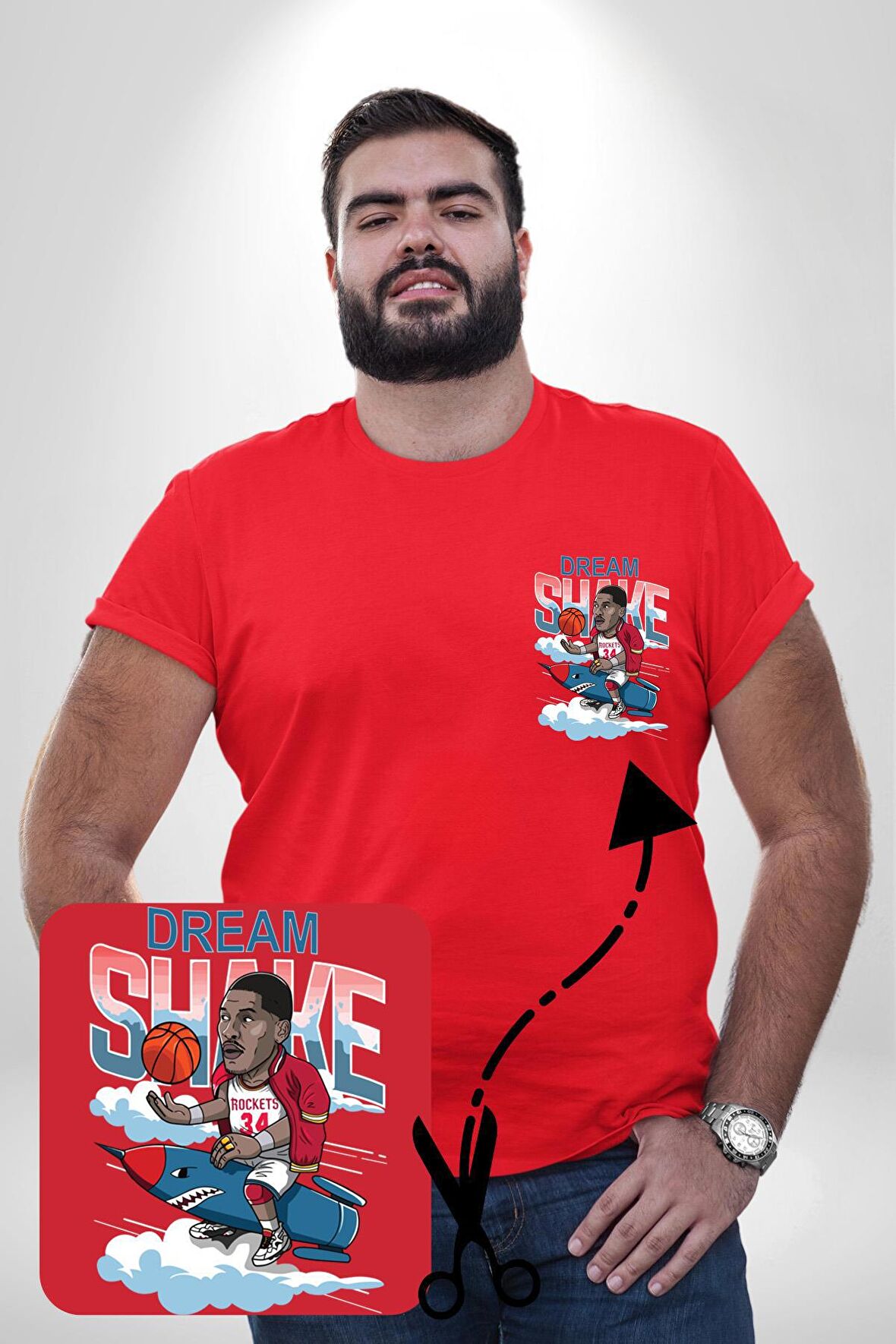 Dream Shake Rockets Basketbol Kırmızı Büyük Beden Kadın Basic Minimal Baskılı Tişört