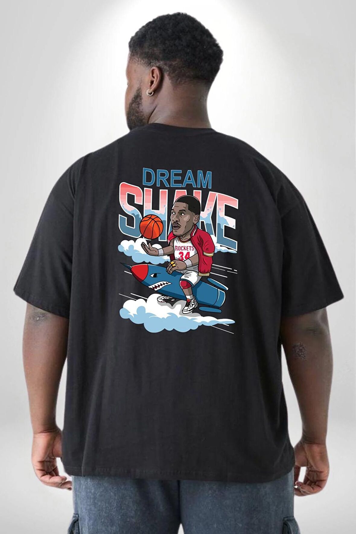 Dream Shake Rockets Basketbol Büyük Beden Siyah Tişört Kadın Erkek Ünisex Sırt Baskılı