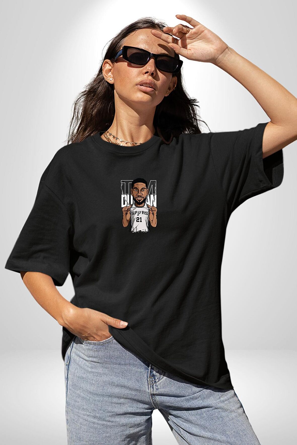 Spurs Basketbol 21 Tim Duncan Siyah Oversize Kadın Erkek Ön Orta Minimal Baskılı Tişört