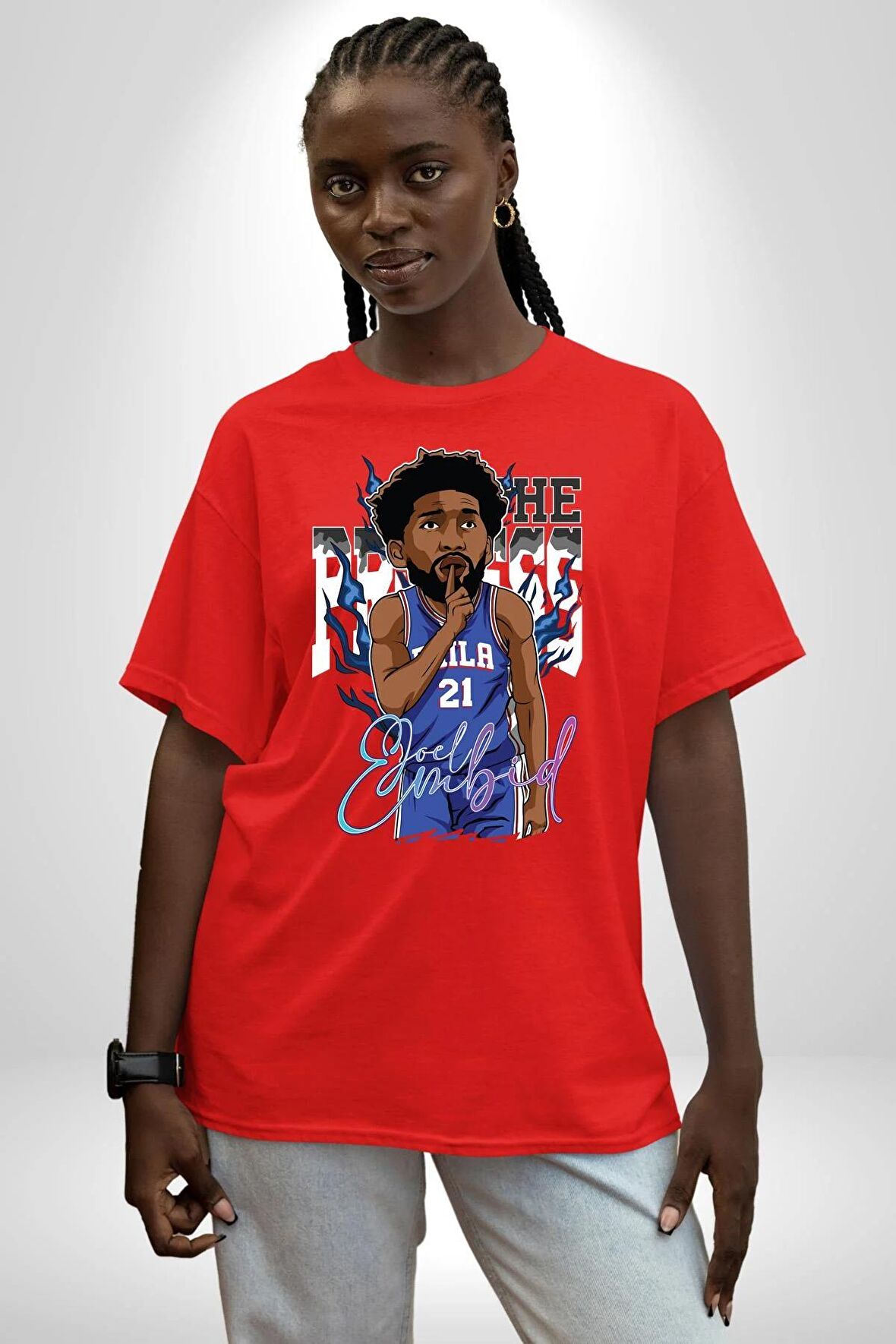 Joel Embiid Basketbol Philadelphia  Pamuklu Bisiklet Yaka Kadın Erkek Oversize Boyfriend Dijital Baskılı Kırmızı T-shirt