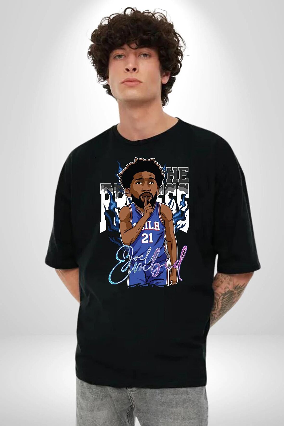 Joel Embiid Basketbol Philadelphia  Pamuklu Bisiklet Yaka Kadın Erkek Oversize Boyfriend Dijital Baskılı Siyah T-shirt