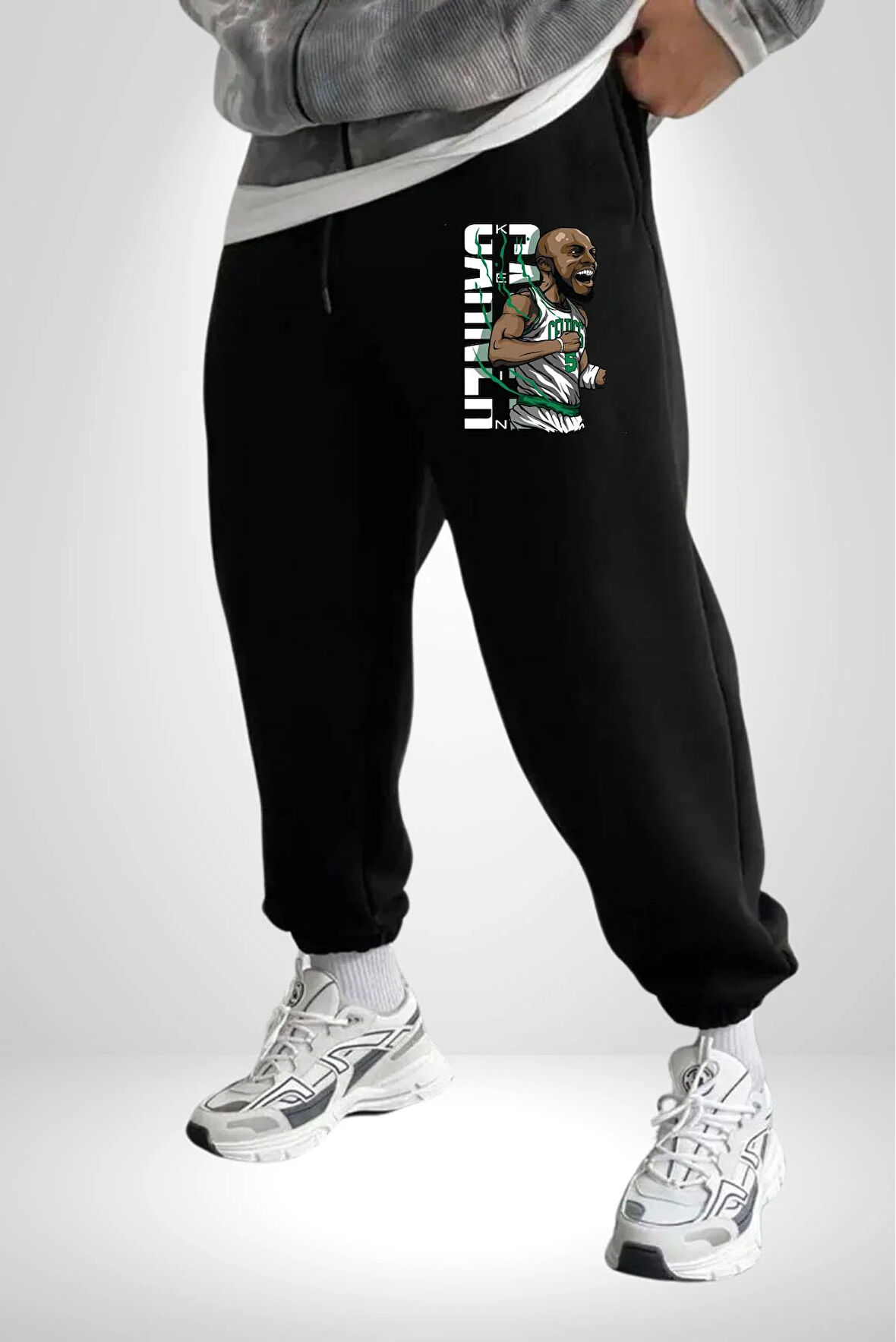 Celtics Basketbol Karikatür Özel Tasarım 3 İplik Erkek Baskılı Siyah Eşofman Altı