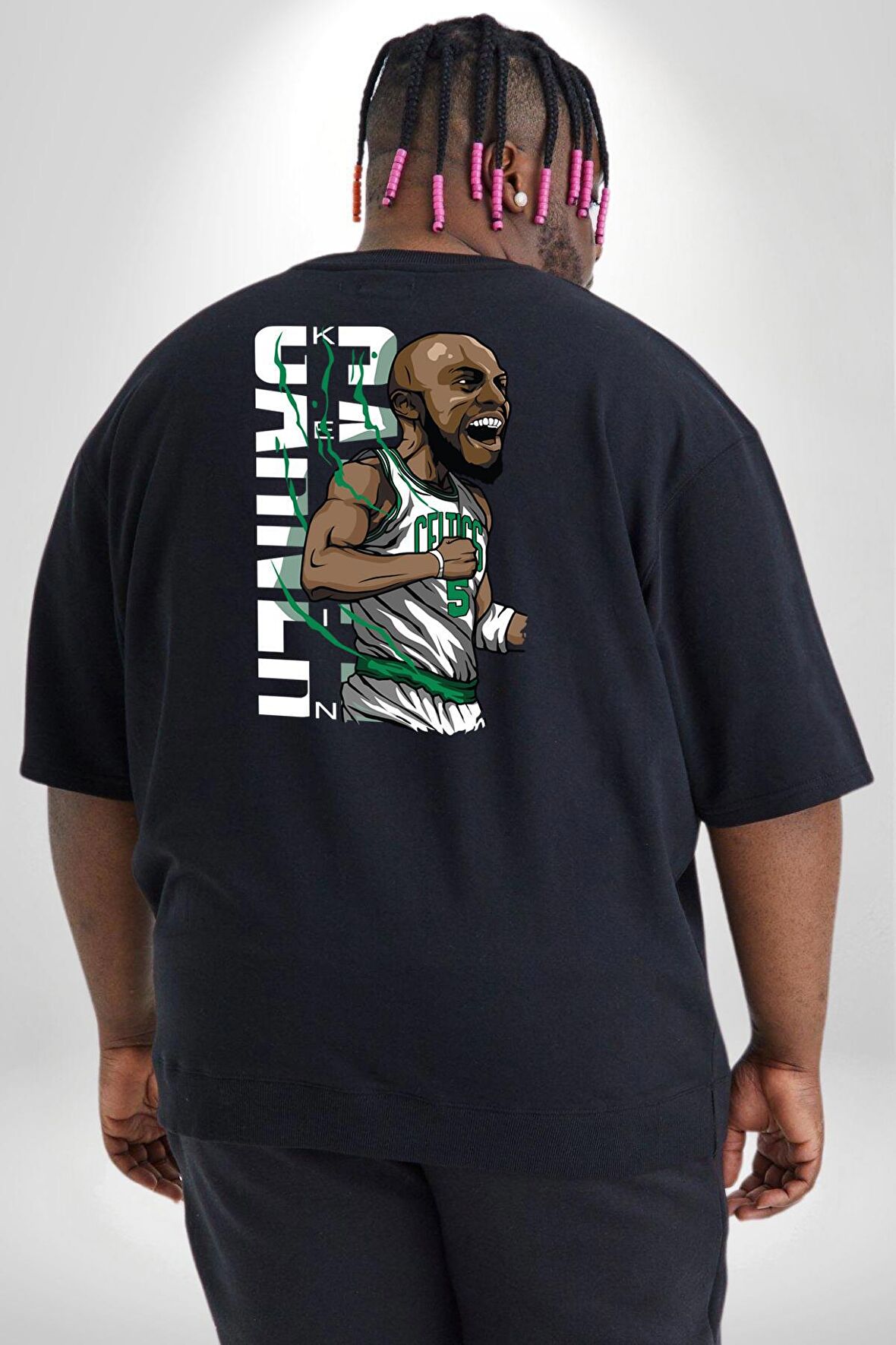 Celtics Basketbol Karikatür Özel Tasarım Büyük Beden Siyah Tişört Kadın Erkek Ünisex Sırt Baskılı