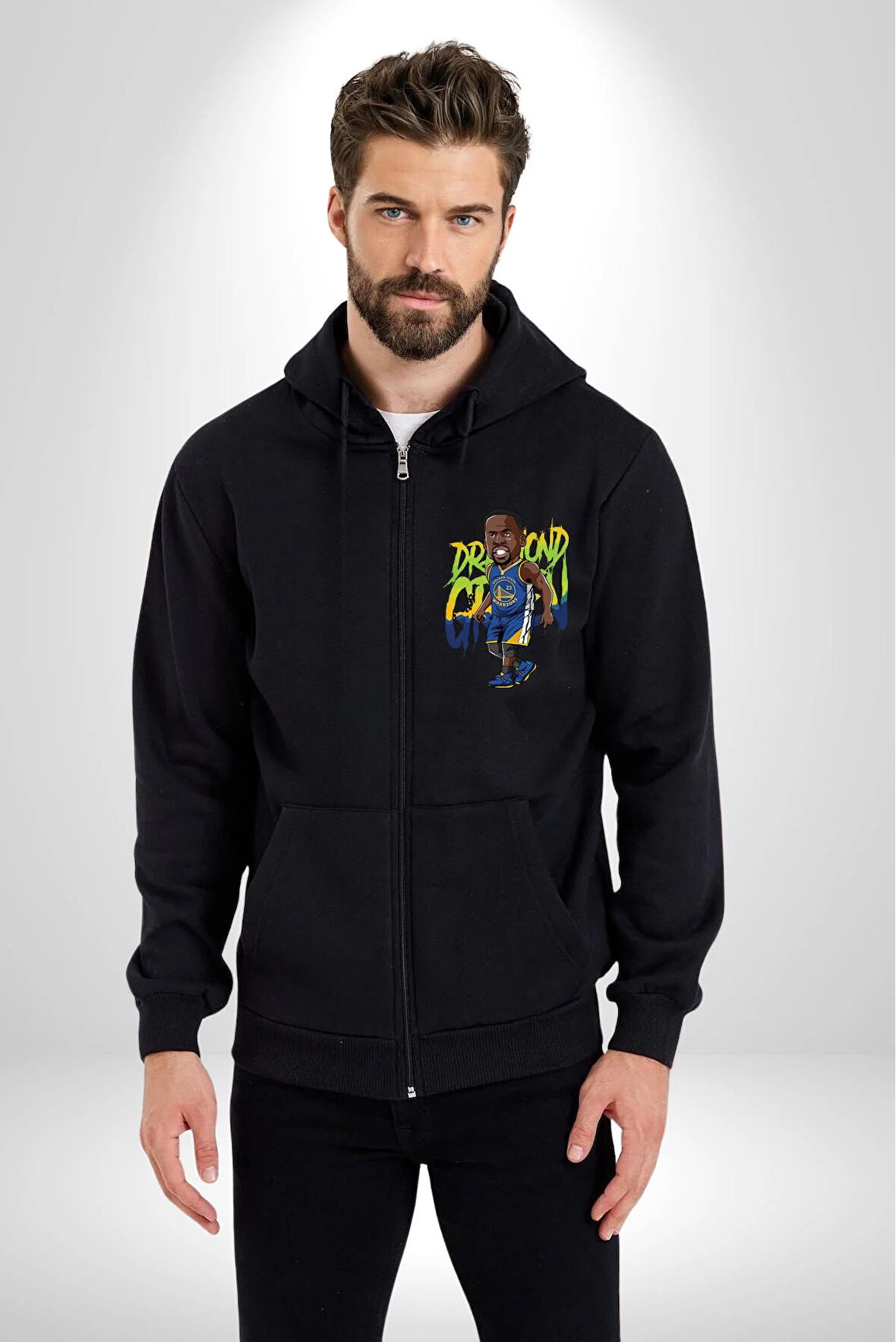 Draymond Green Basketbol Golden State  Kadın Erkek Siyah Kapüşonlu Fermuarlı Baskılı Hırka Sweatshirt
