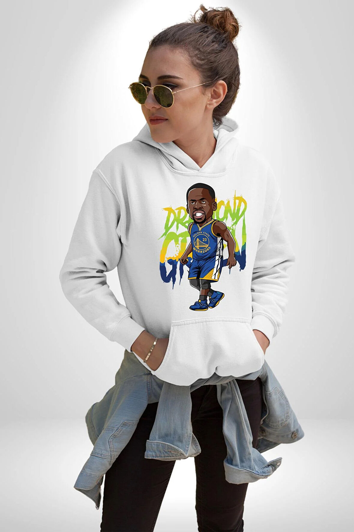 Draymond Green Basketbol Golden State  Kadın Erkek  Beyaz Kapüşonlu Sweatshirt Hoodie