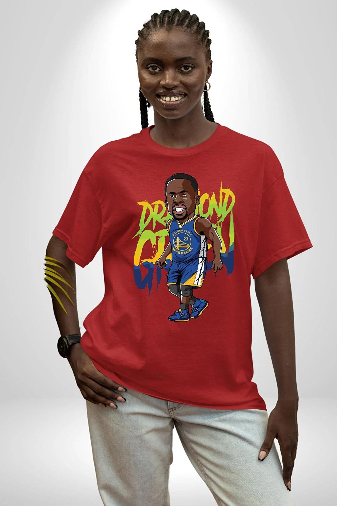 Draymond Green Basketbol Golden State  Pamuklu Bisiklet Yaka Kadın Erkek Oversize Boyfriend Dijital Baskılı Kırmızı T-shirt