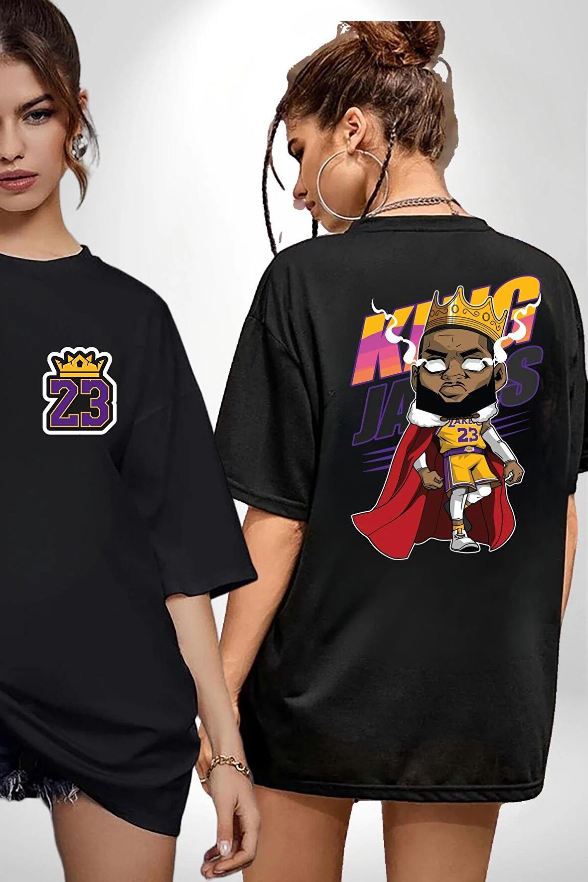 Lebron James Kral Basketbol Lakers Siyah Oversize Kadın Erkek Ön ve Sırt Baskılı Tişört
