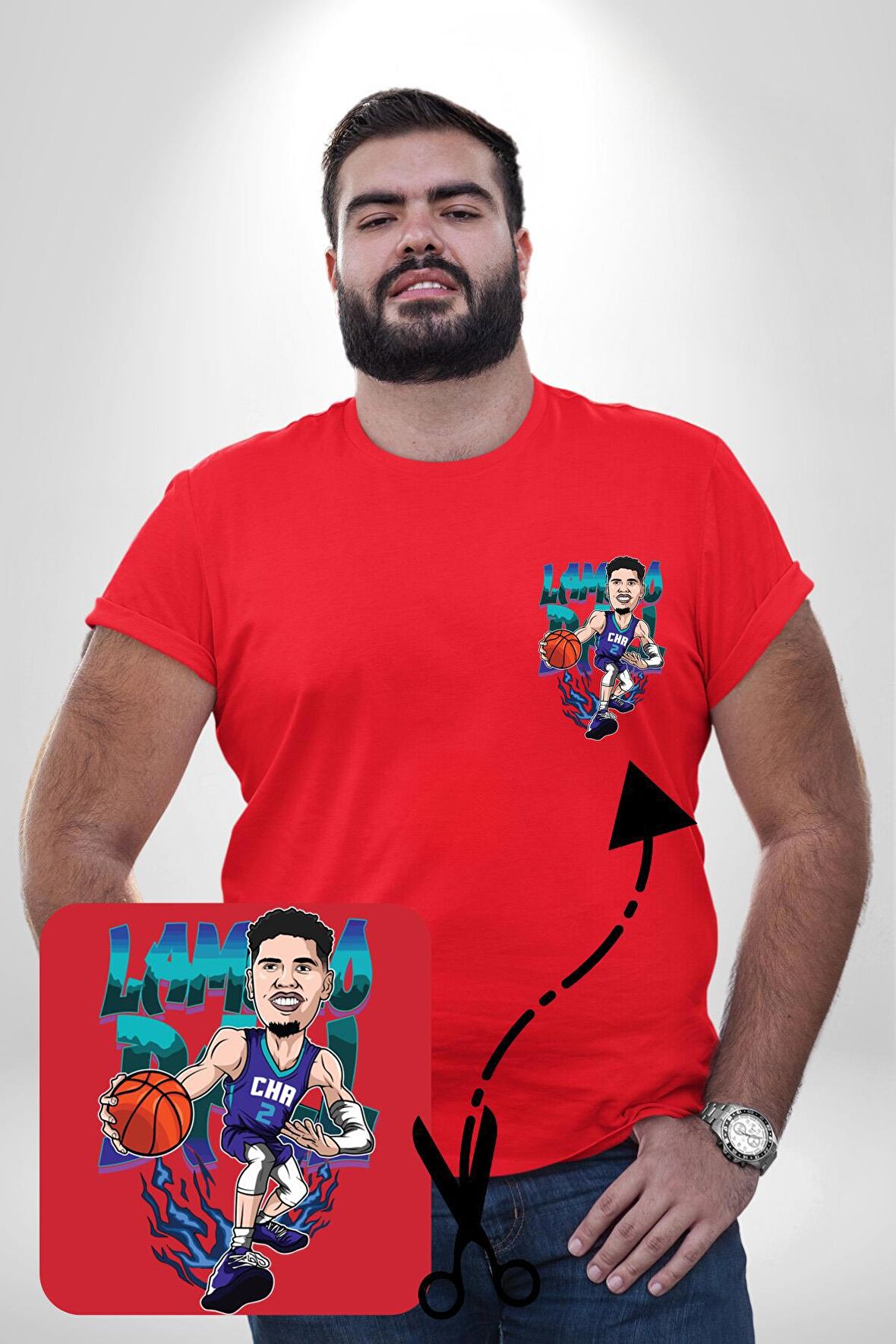 LaMelo Ball Basketbol Karikatür Kırmızı Büyük Beden Kadın Basic Minimal Baskılı Tişört
