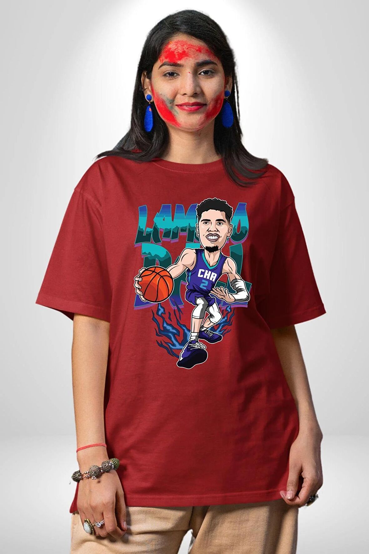 LaMelo Ball Basketbol Karikatür Pamuklu Bisiklet Yaka Kadın Erkek Oversize Boyfriend Dijital Baskılı Kırmızı T-shirt