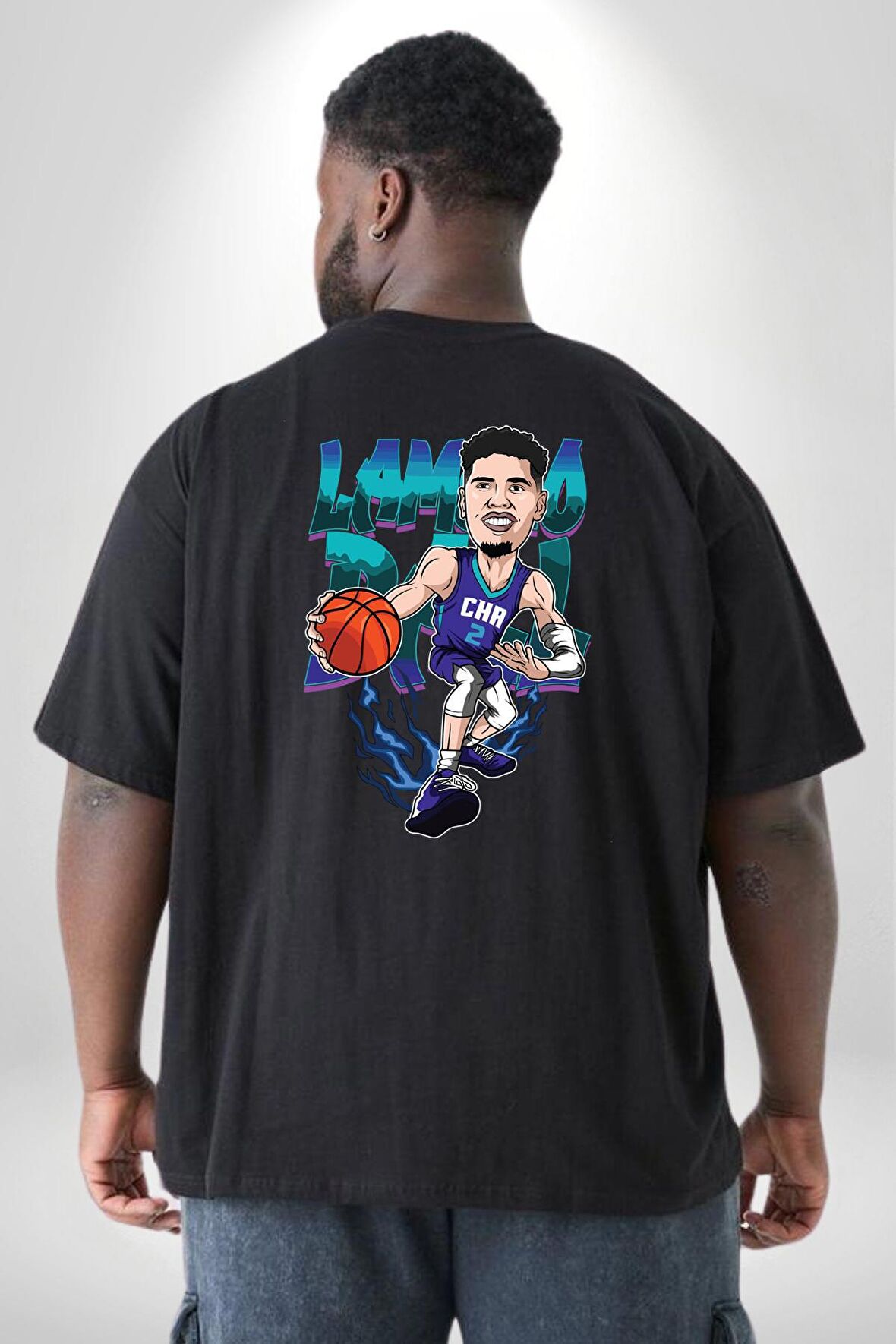 LaMelo Ball Basketbol Karikatür Büyük Beden Siyah Tişört Kadın Erkek Ünisex Sırt Baskılı