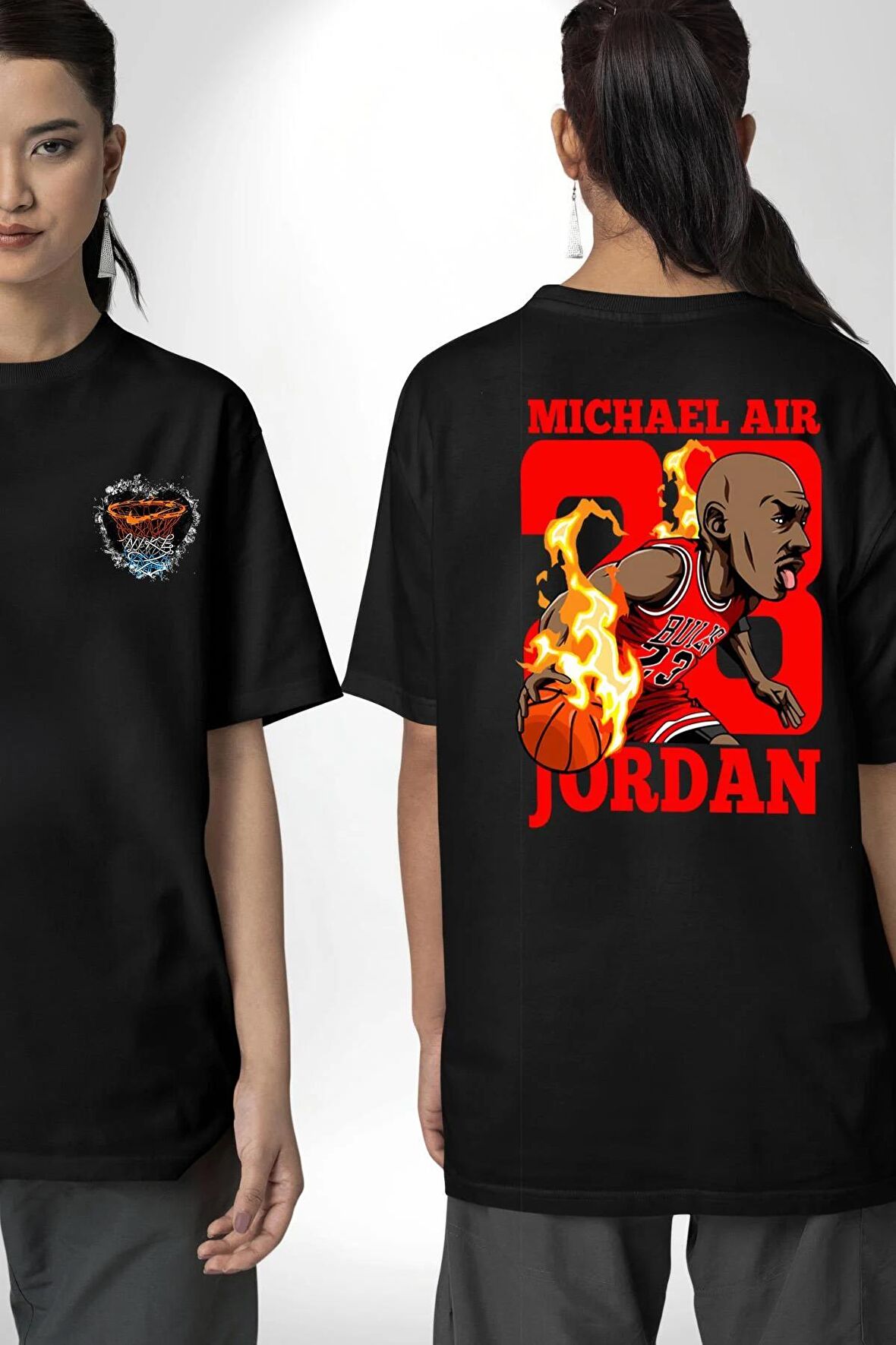 Michael Air Jordan Bulls Basketbol Karikatür Siyah Oversize Kadın Erkek Ön ve Sırt Baskılı Tişört