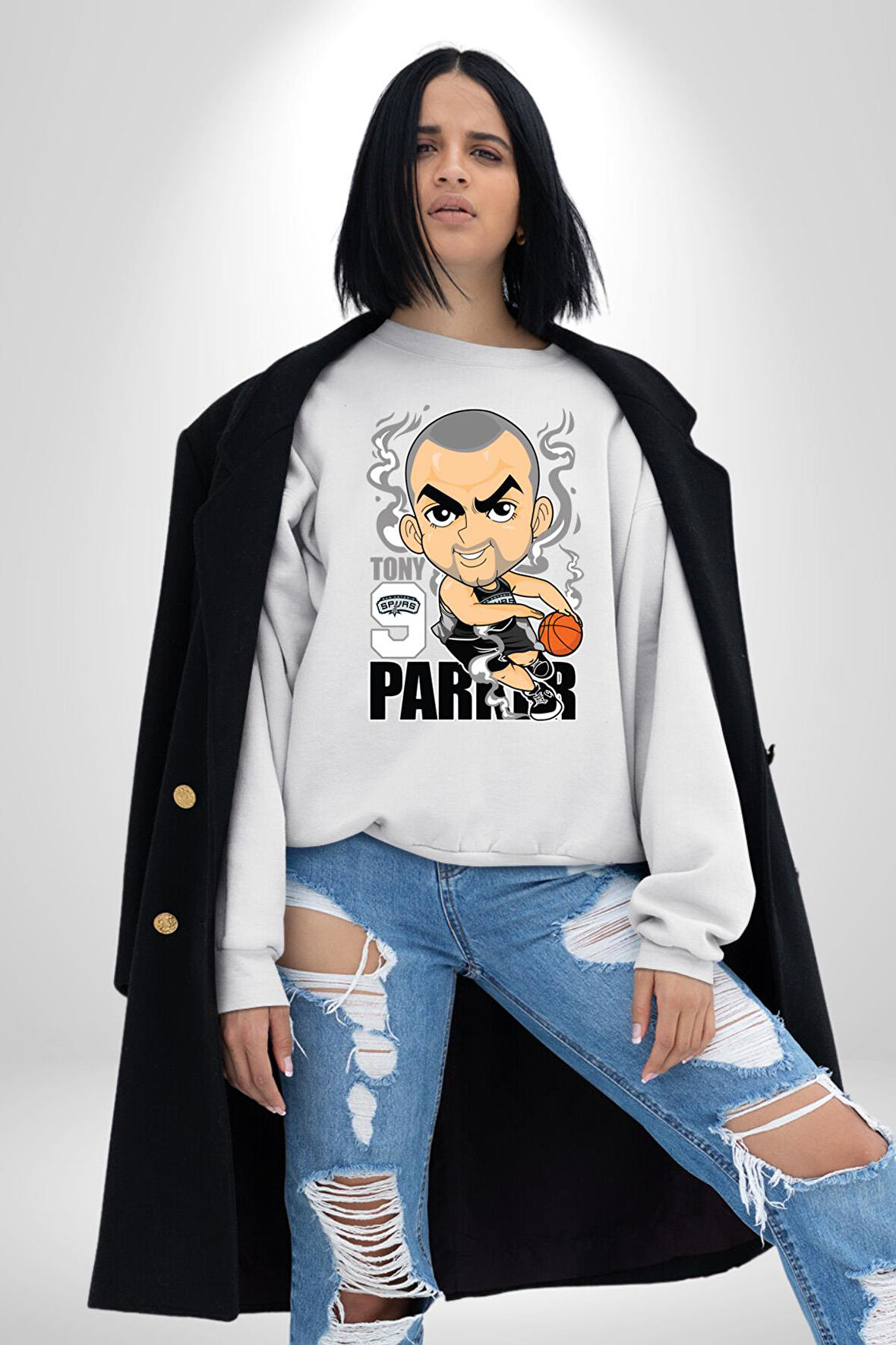 Tony Parker Spurs Basketbol Star Kadın Erkek Beyaz Sweatshirt 