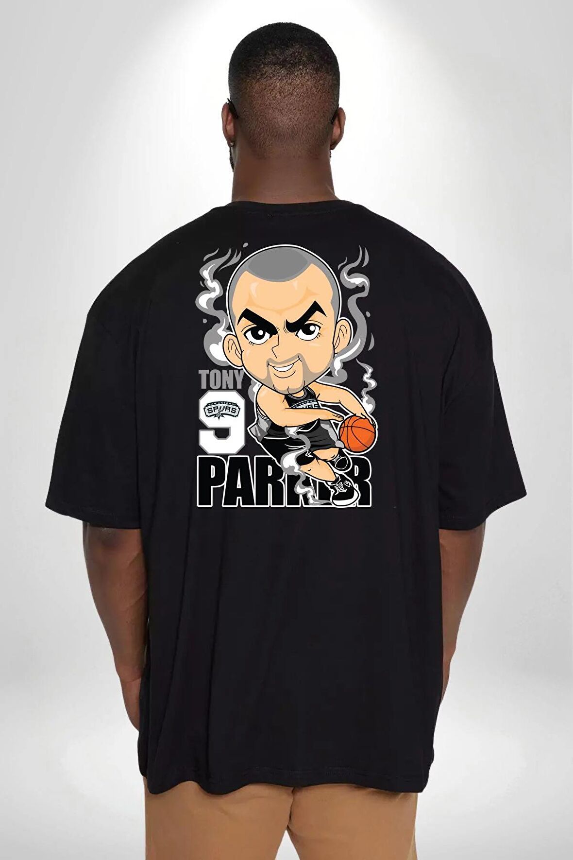 Tony Parker Spurs Basketbol Star Büyük Beden Siyah Tişört Kadın Erkek Ünisex Sırt Baskılı