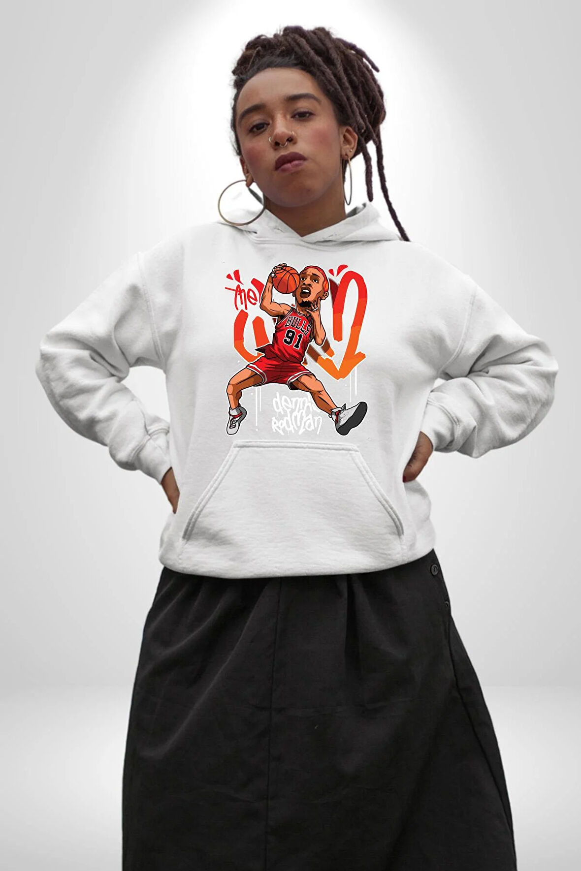Chicago Bulls 91 Dennis Rodman Kadın Erkek  Beyaz Kapüşonlu Sweatshirt Hoodie