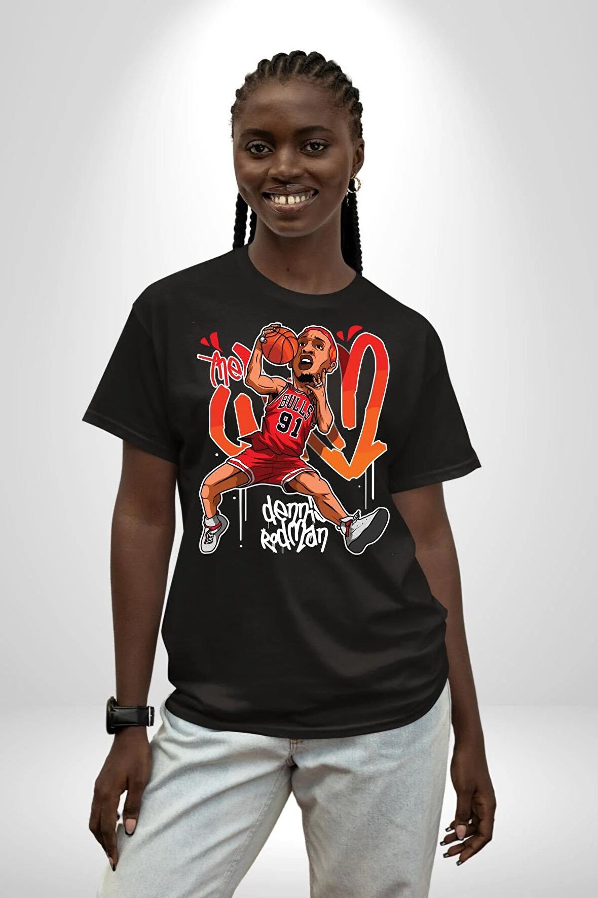 Chicago Bulls 91 Dennis Rodman Pamuklu Bisiklet Yaka Kadın Erkek Oversize Boyfriend Dijital Baskılı Siyah T-shirt