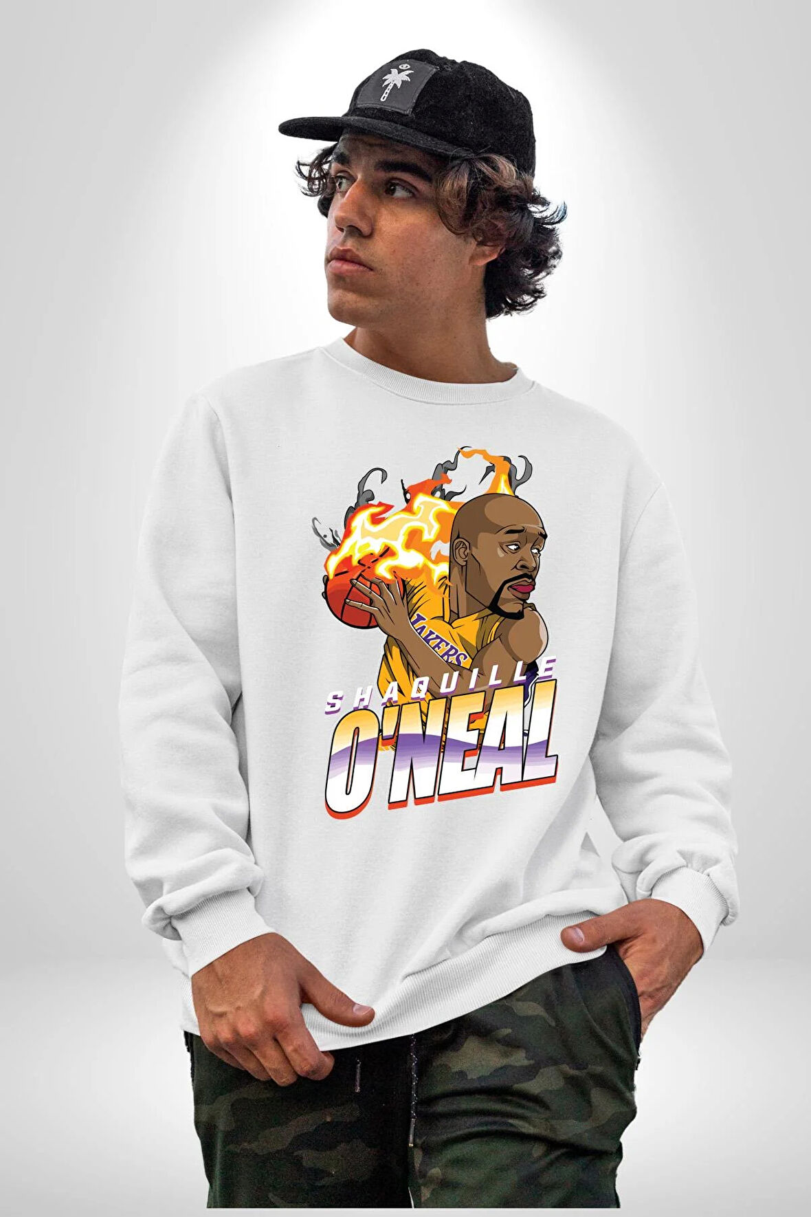 Basketbol Shaquille Oneal Star Ateş Topu Kadın Erkek Beyaz Sweatshirt 