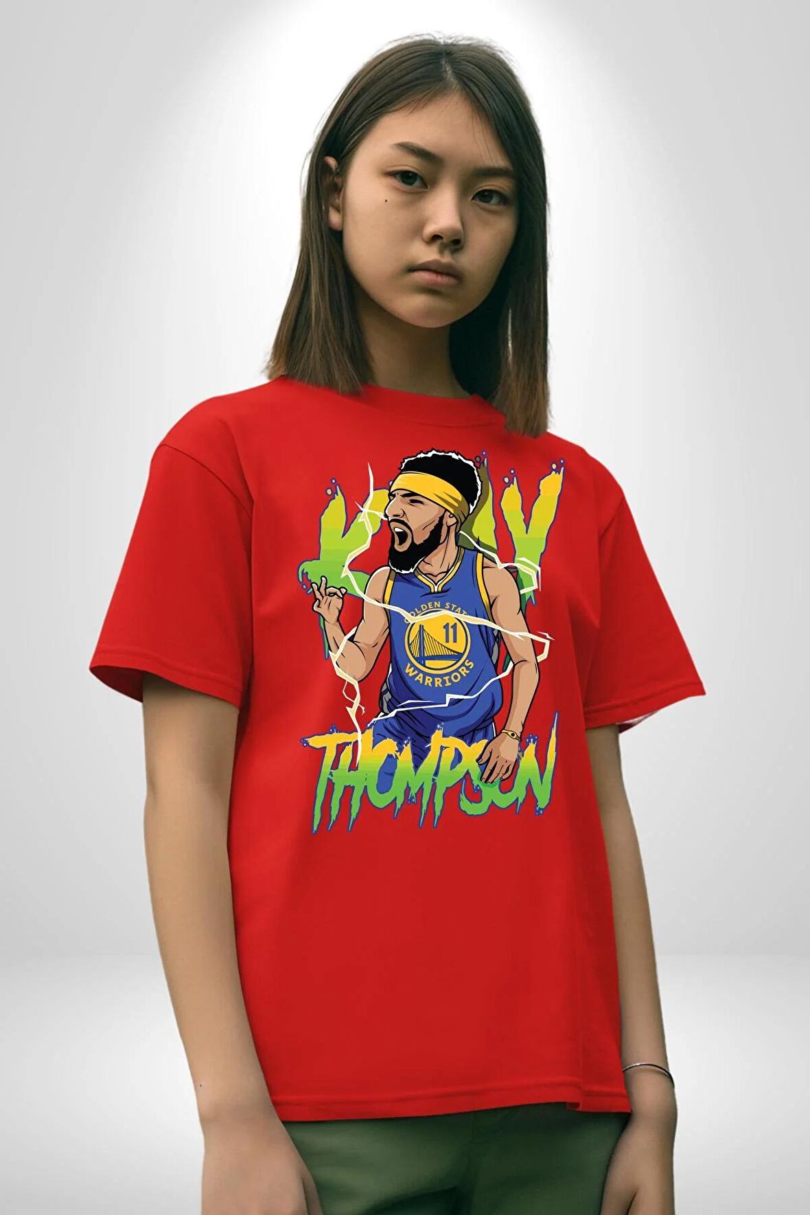 Klay Thompson Basketbol Golden State Pamuklu Bisiklet Yaka Kadın Erkek Oversize Boyfriend Dijital Baskılı Kırmızı T-shirt