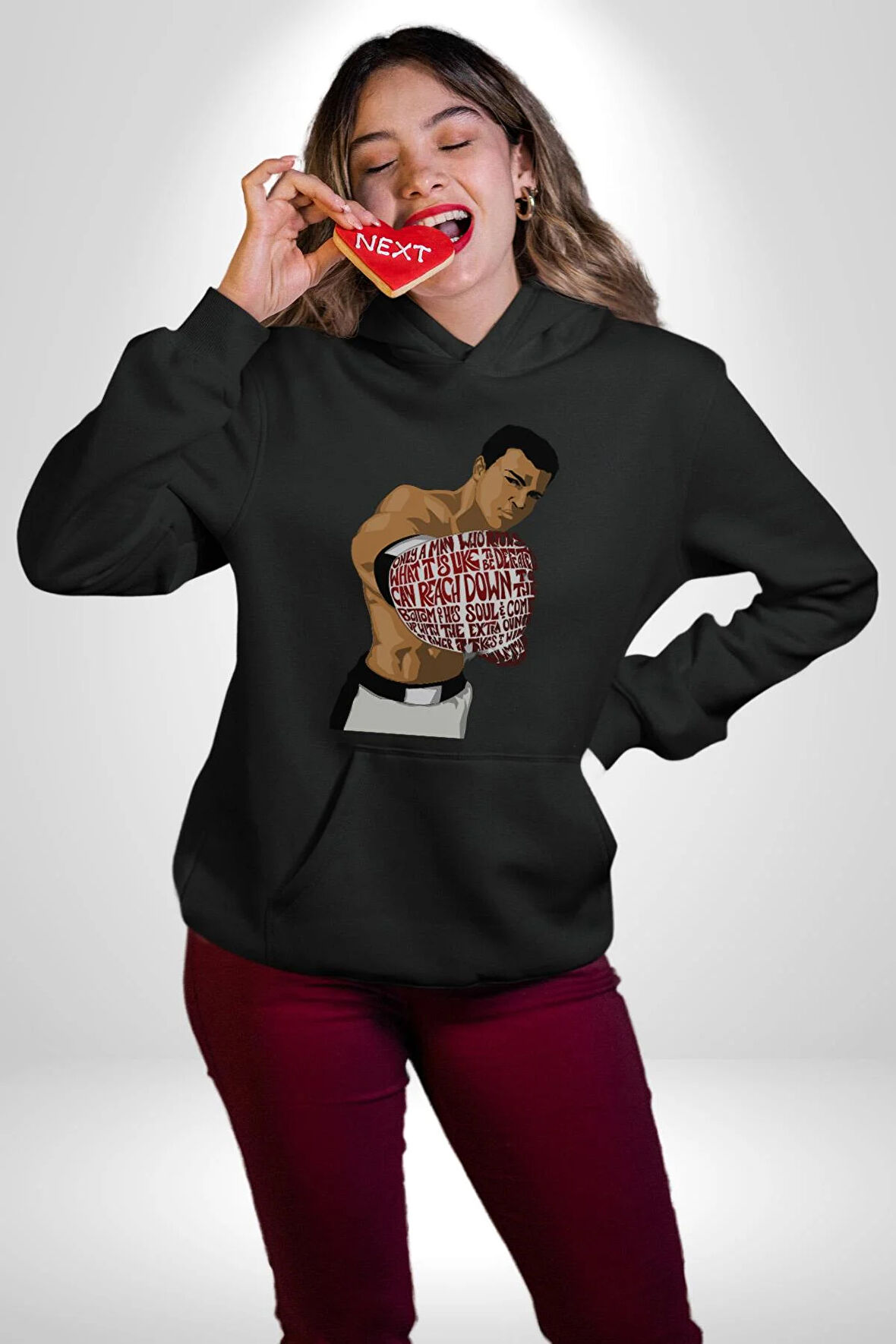 Muhammed Ali Boks Boksör Yıldız Spor Kadın Erkek  Siyah Kapüşonlu Sweatshirt Hoodie
