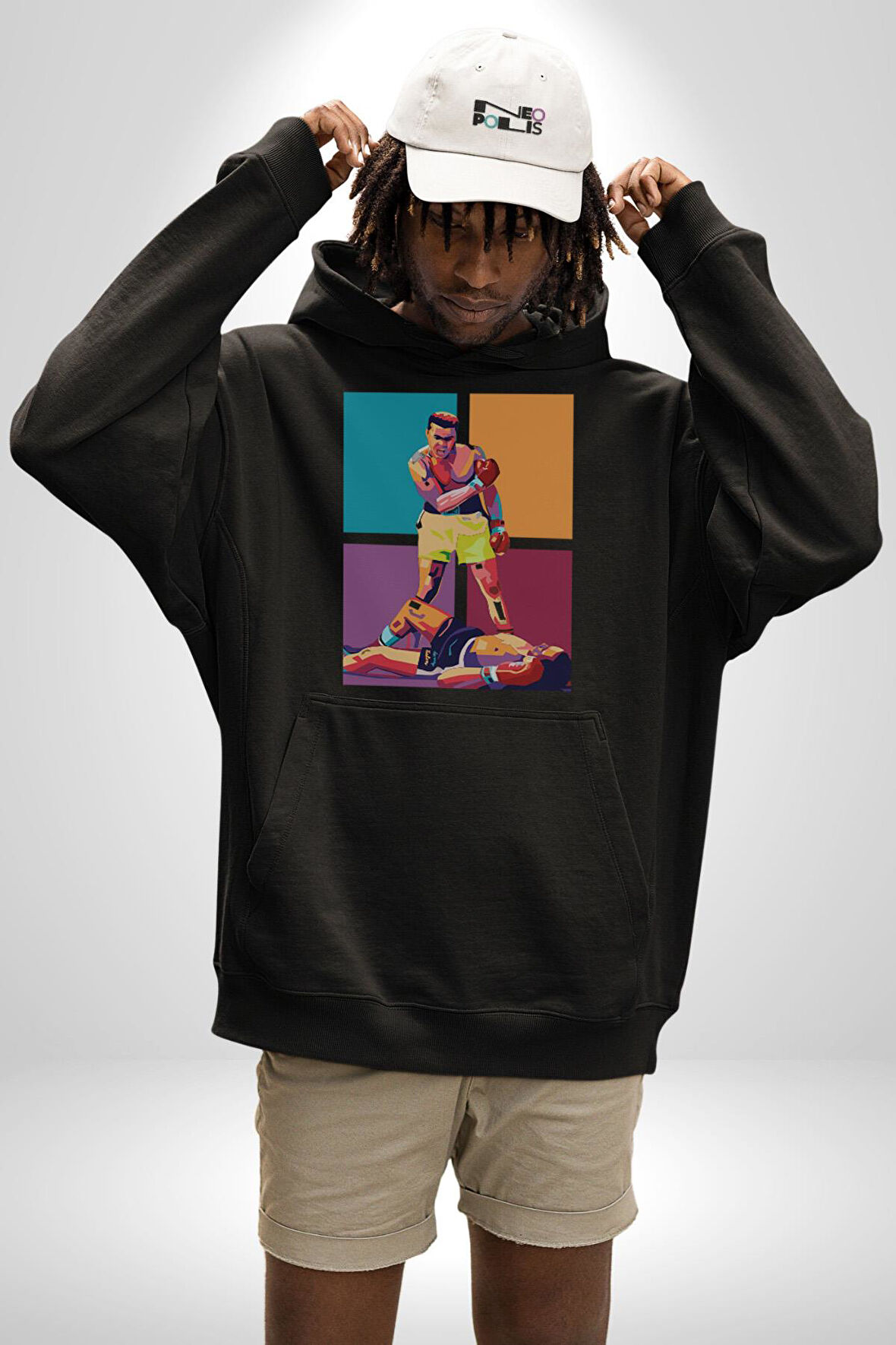 Muhammed Ali Boks Ayağa Kalk ve Dövüş Kadın Erkek  Siyah Kapüşonlu Sweatshirt Hoodie