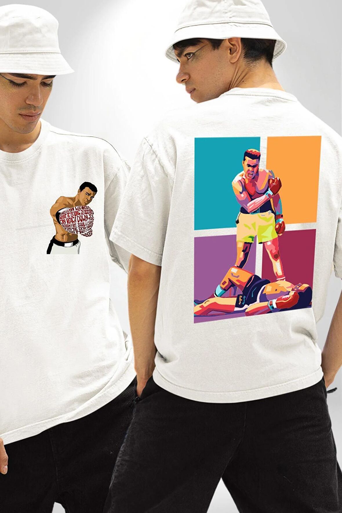 Muhammed Ali Boks Ayağa Kalk ve Dövüş Beyaz Oversize Kadın Erkek Ön ve Sırt Baskılı Tişört
