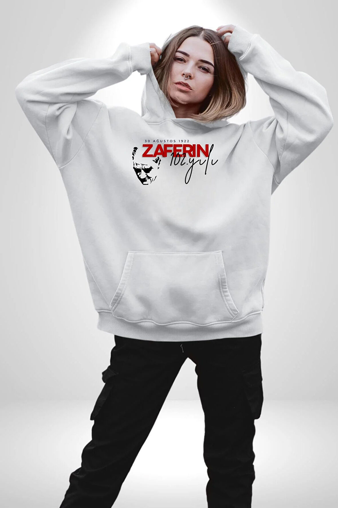 30 Ağustos Zafer Bayramı Atatürk İmzası Kadın Erkek  Beyaz Kapüşonlu Sweatshirt Hoodie